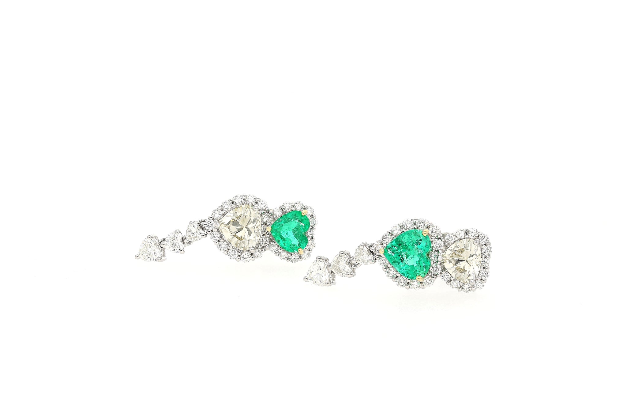 Natural Diamond and Emerald Heart Cut Mirrored Drop Earrings in 18k White Gold-Earrings-ASSAY