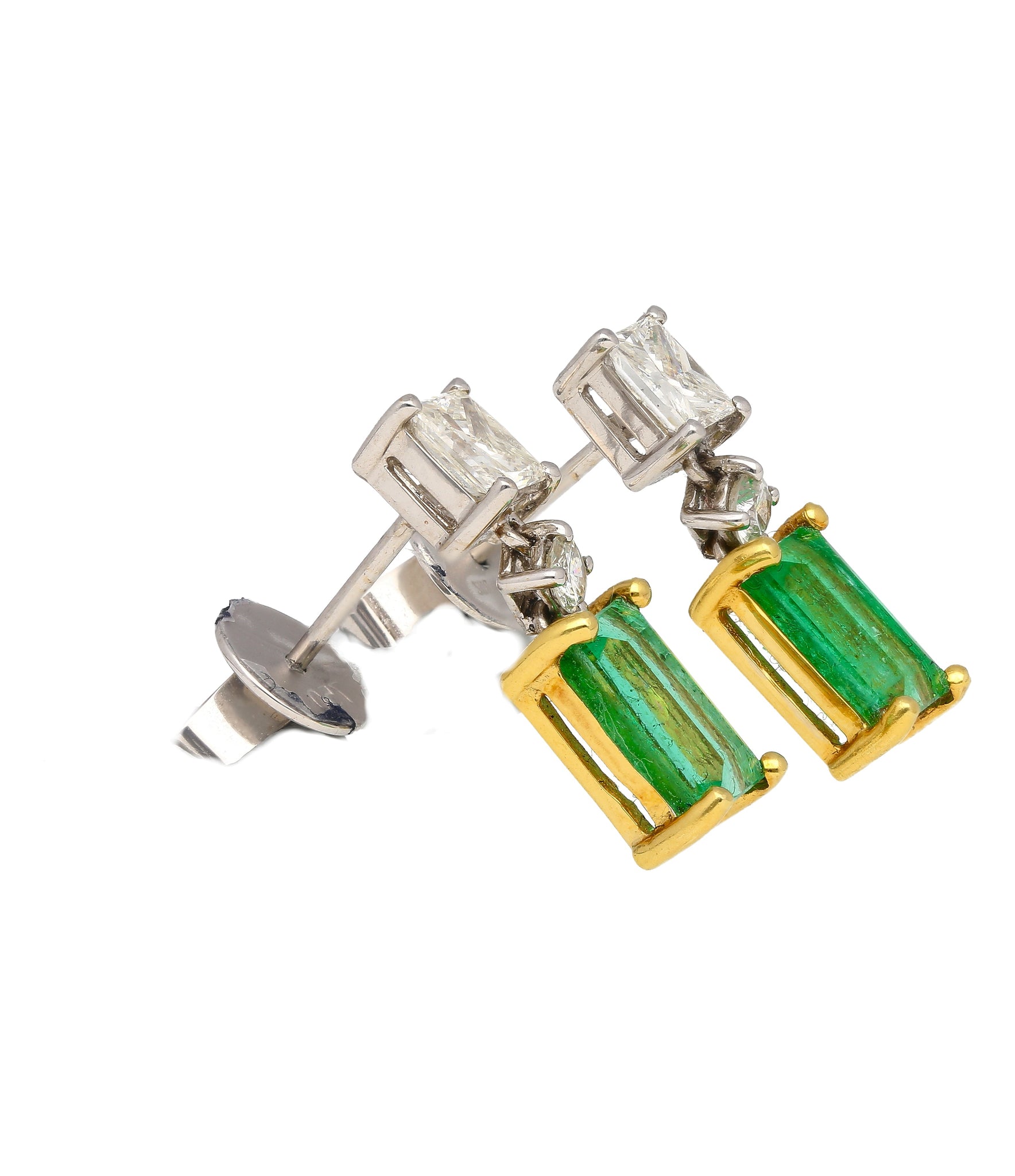 Natural Elongated Emerald and Diamond Drop Earrings in 18K Gold
