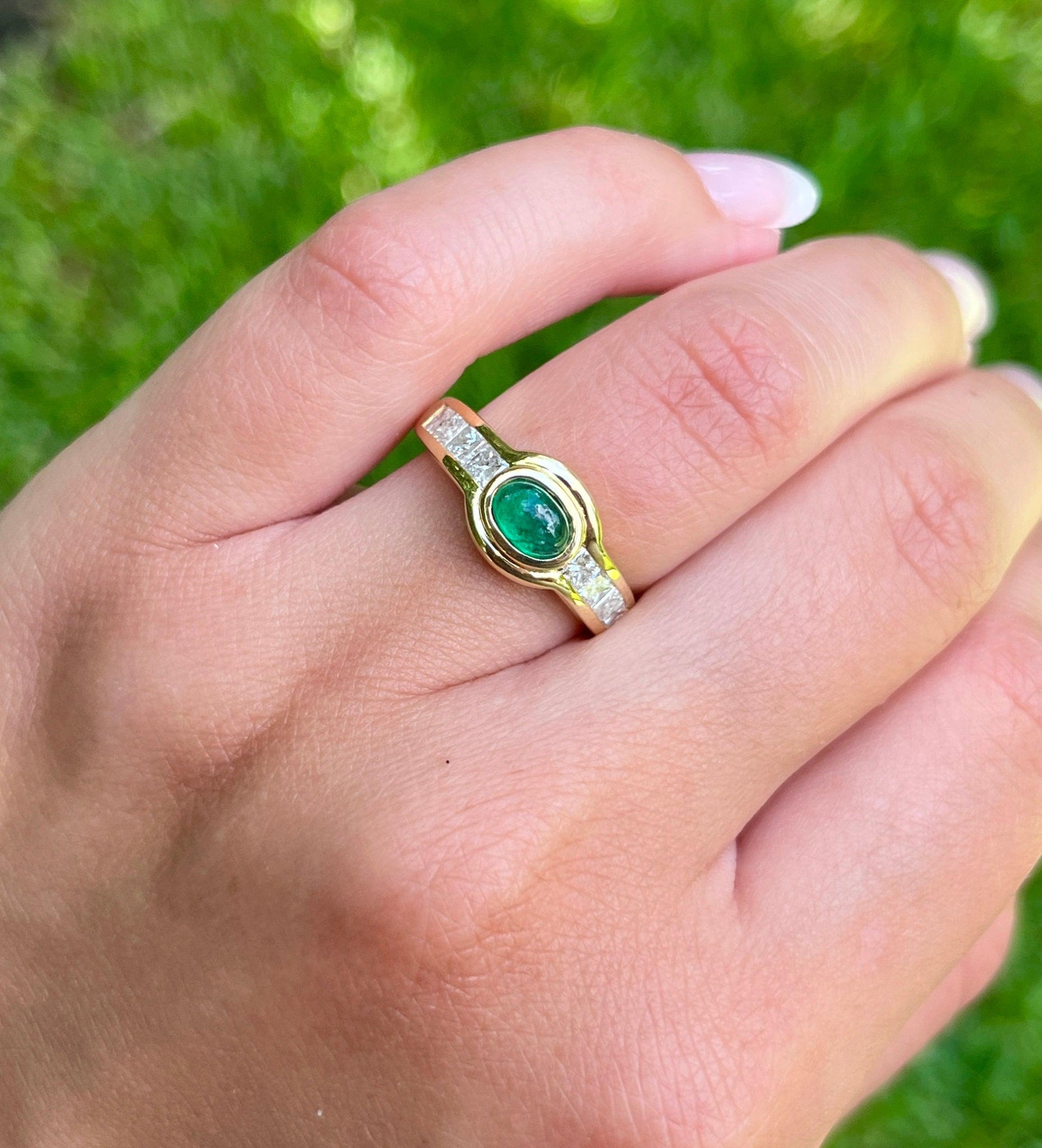 Natural Emerald Bezel Set Cabochon Cut Ring With Princess Cut Diamonds in 18K Yellow Gold