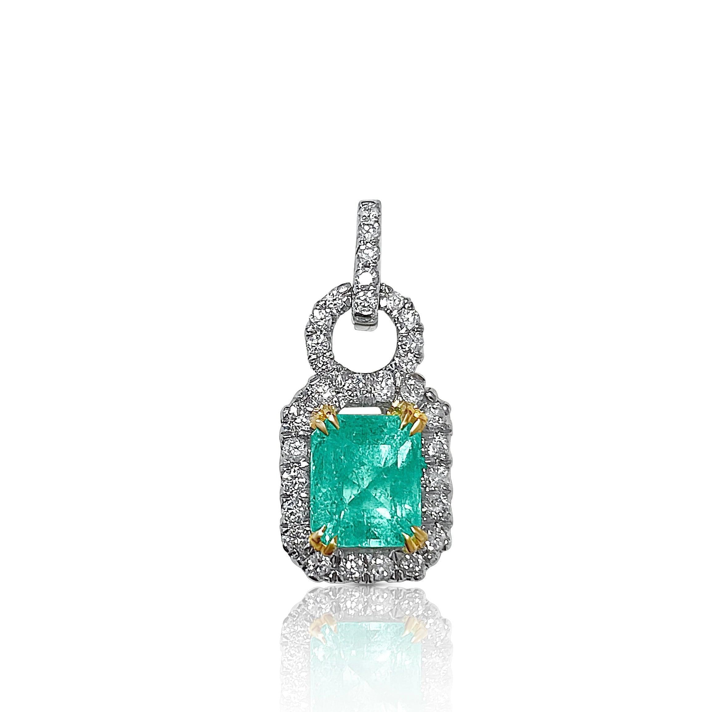 Natural Emerald Pendant and Diamond Halo in 18k Solid White Gold - ASSAY