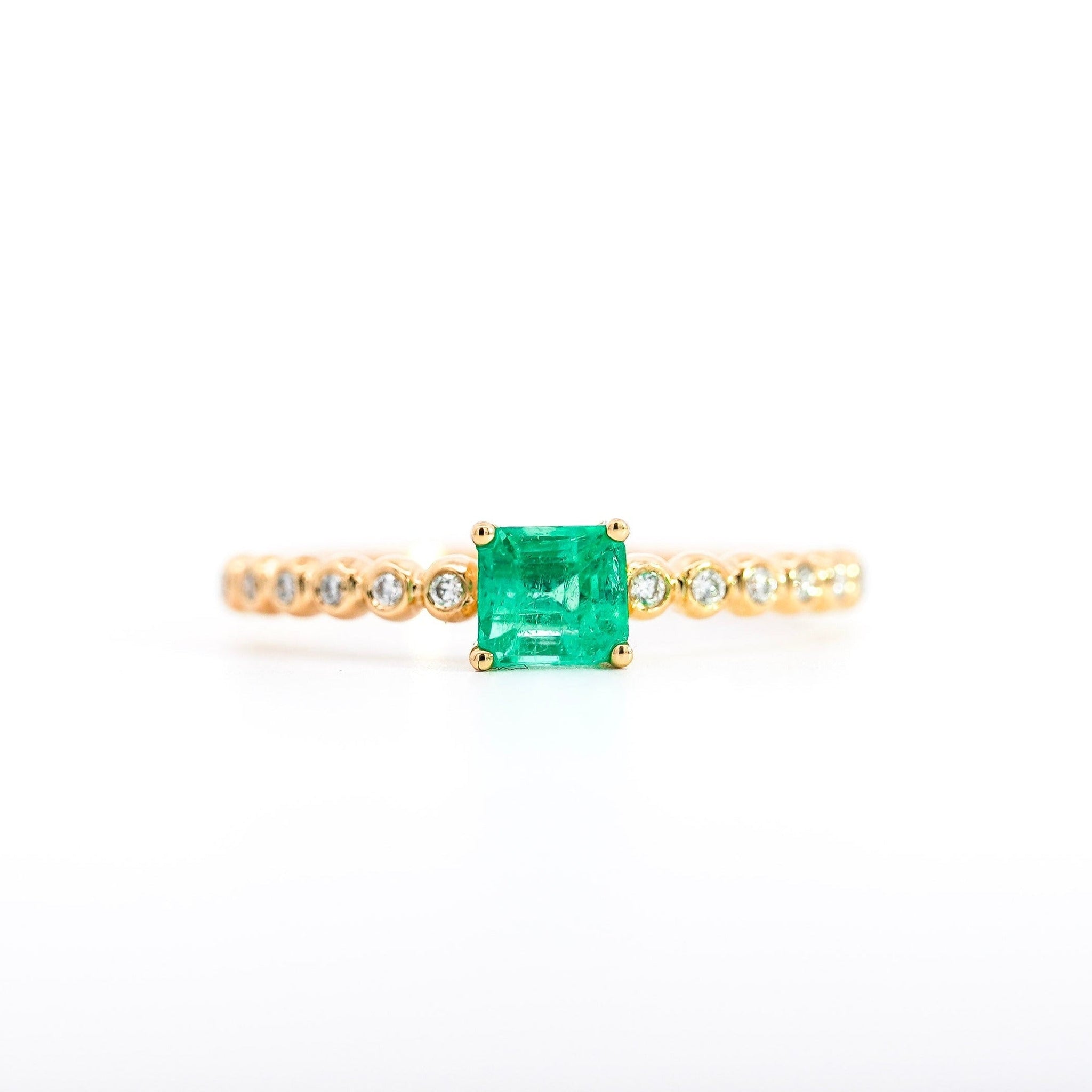 Natural Emerald Square Cut Thin Ribbed Band Stacking Ring in 18K Yellow Gold-Rings-ASSAY