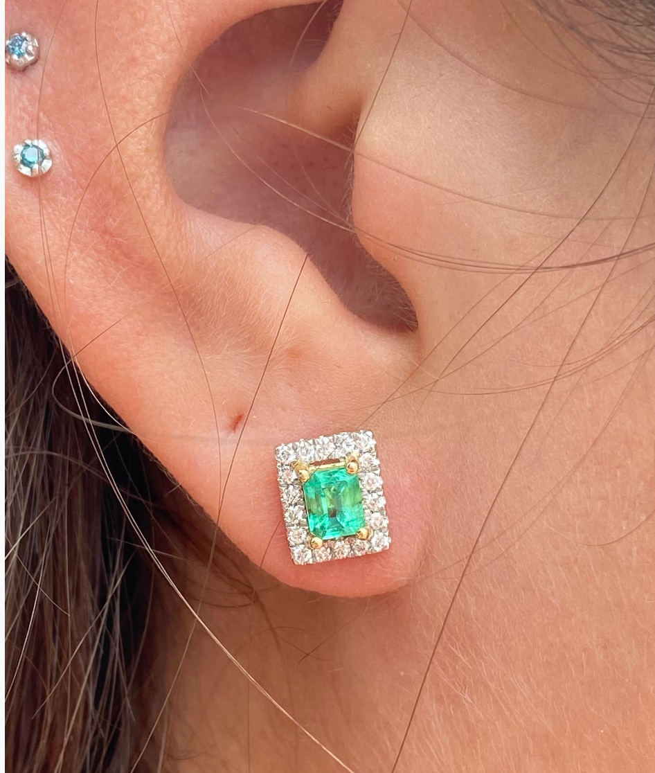 Natural Emerald Stud Earrings with diamond halo in 18k Solid Gold