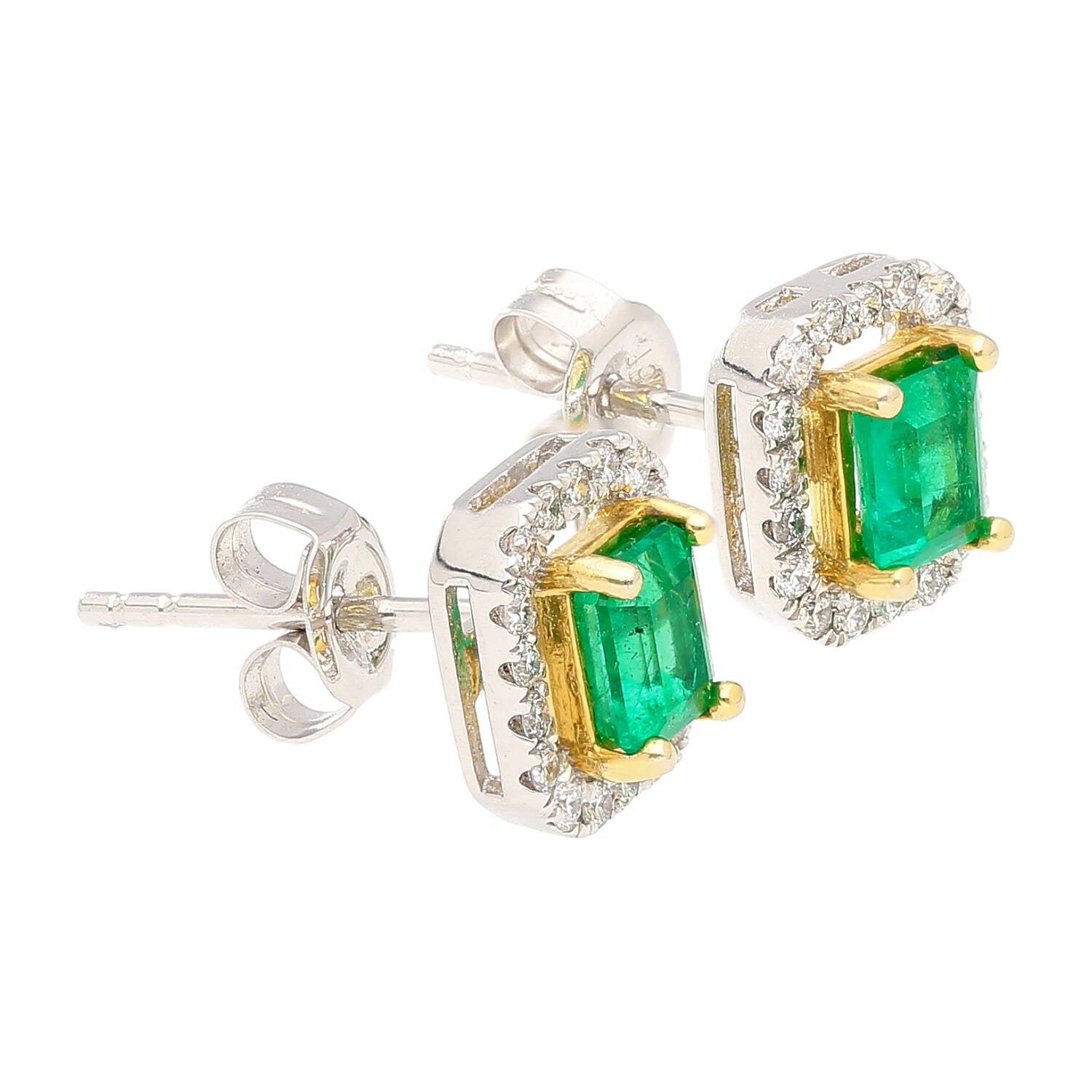 Natural Emerald and Diamond Halo Stud Earrings in 18K White Gold