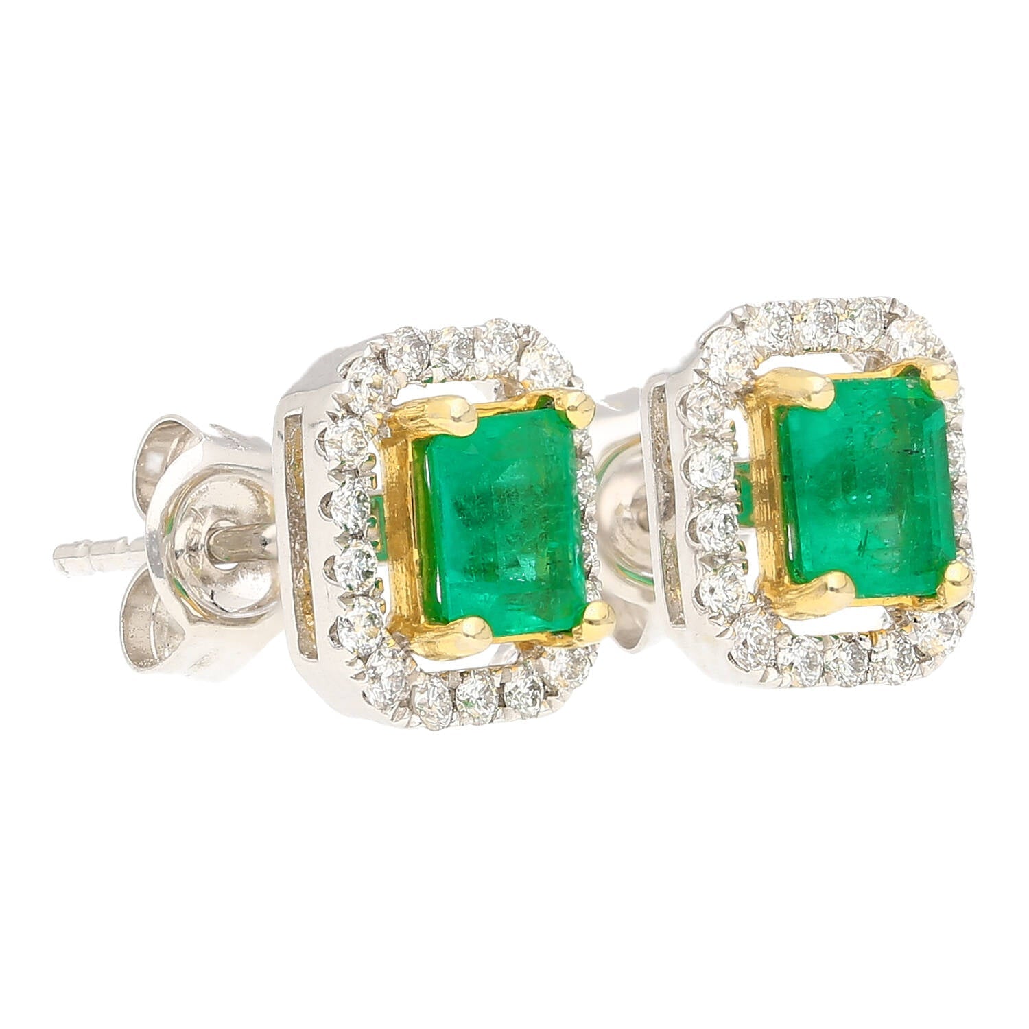 Natural Emerald and Diamond Halo Stud Earrings in 18K White Gold-Earrings-ASSAY