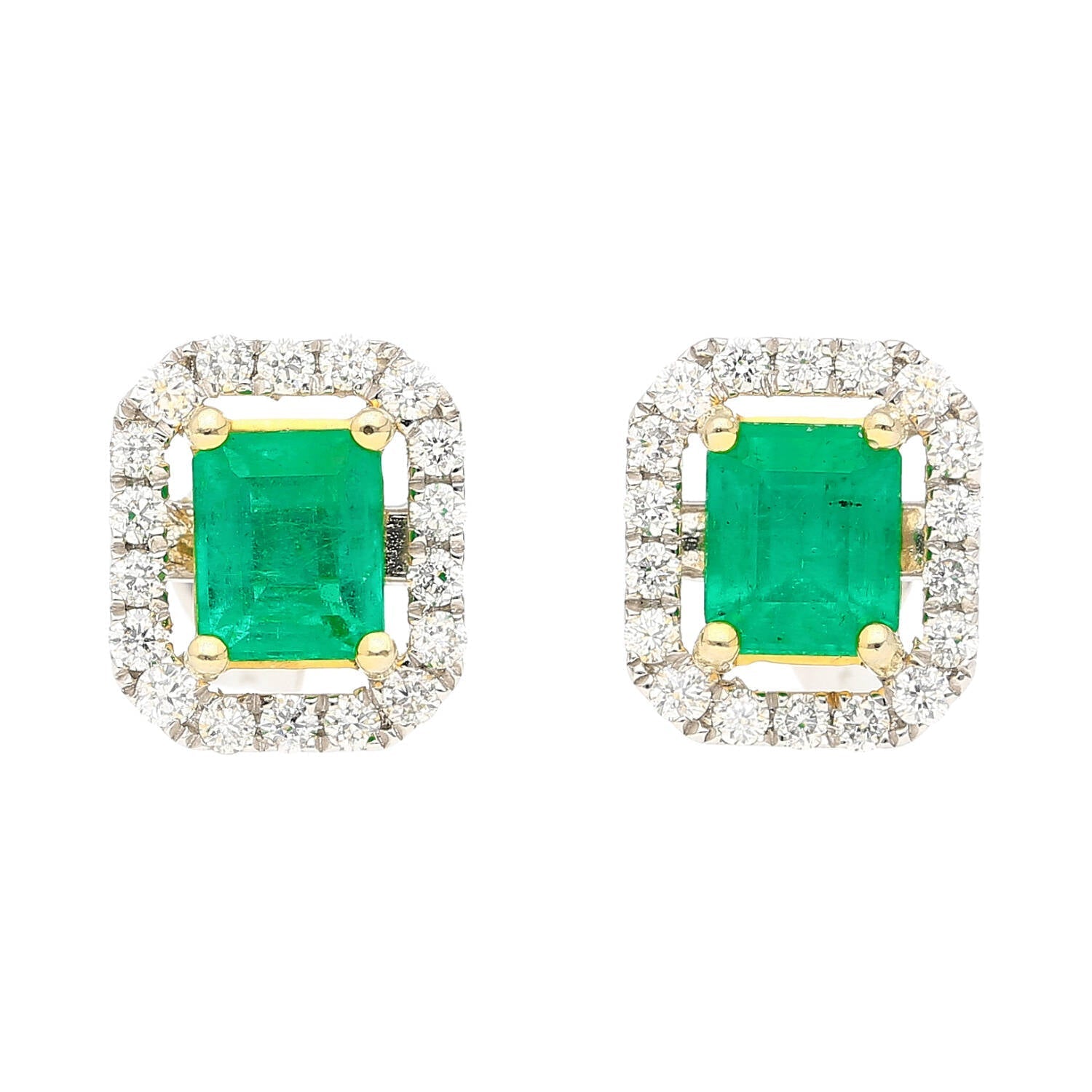 Natural Emerald and Diamond Halo Stud Earrings in 18K White Gold