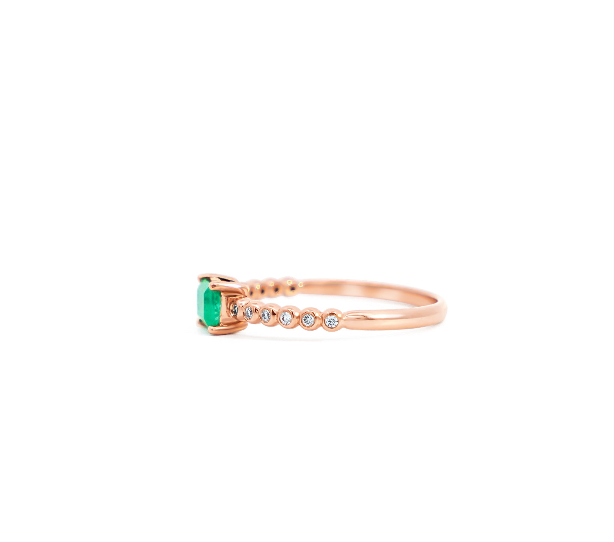 Natural Emerald and Diamond Ribbed Shank Thin Stacking Ring in 18K Rose Gold-Rings-ASSAY