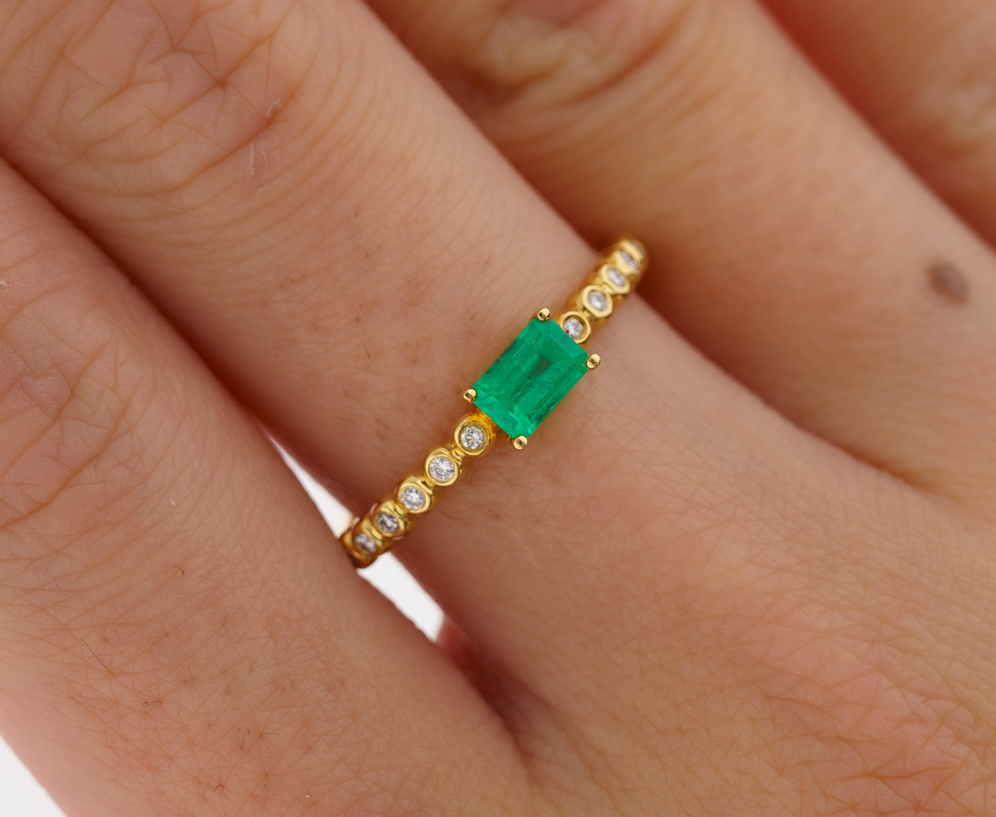 Natural Emerald and Diamond Ribbed Thin Stack Ring in 18K Gold-Rings-ASSAY
