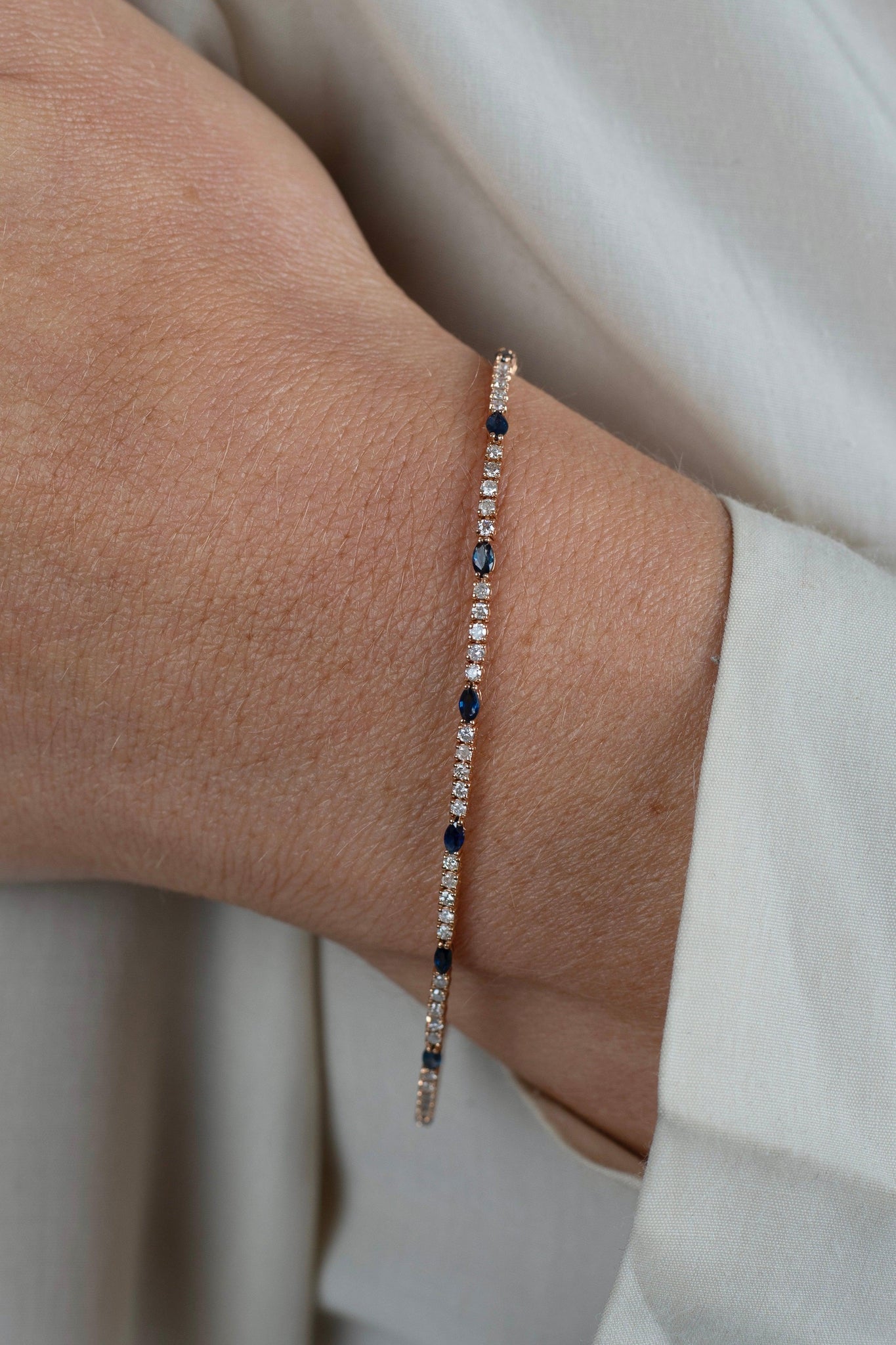 Natural Marquise Cut Blue Sapphire and Round Diamond Tennis Bracelet in 18kt Rose Gold-Bracelets-ASSAY