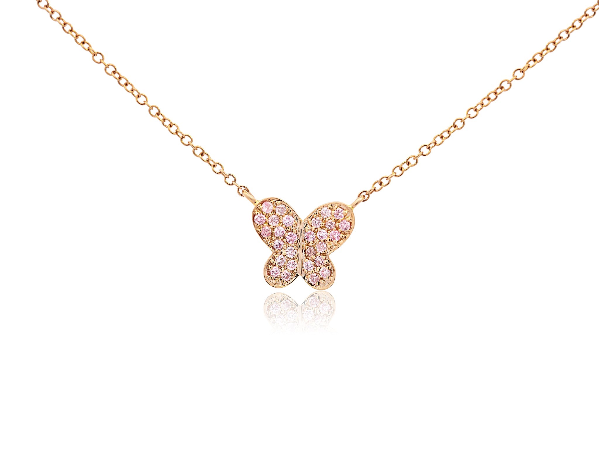 Natural Pink Diamond Butterfly Charm Floating Pendant Necklace in 18K Rose Gold-Necklace-ASSAY