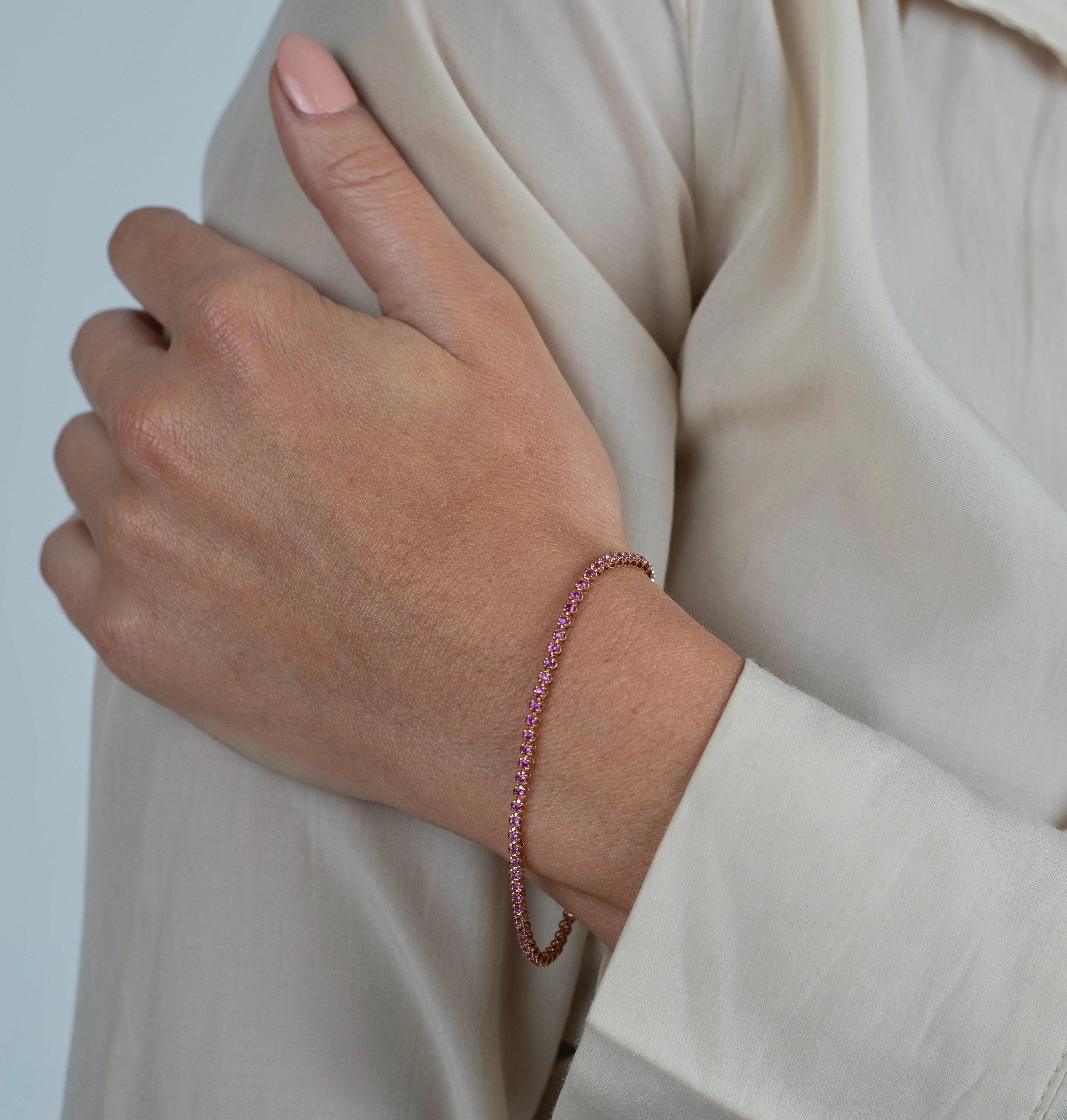 Natural Round Cut Pink Sapphire Tennis Bracelet in 14K Rose Gold-Bracelets-ASSAY