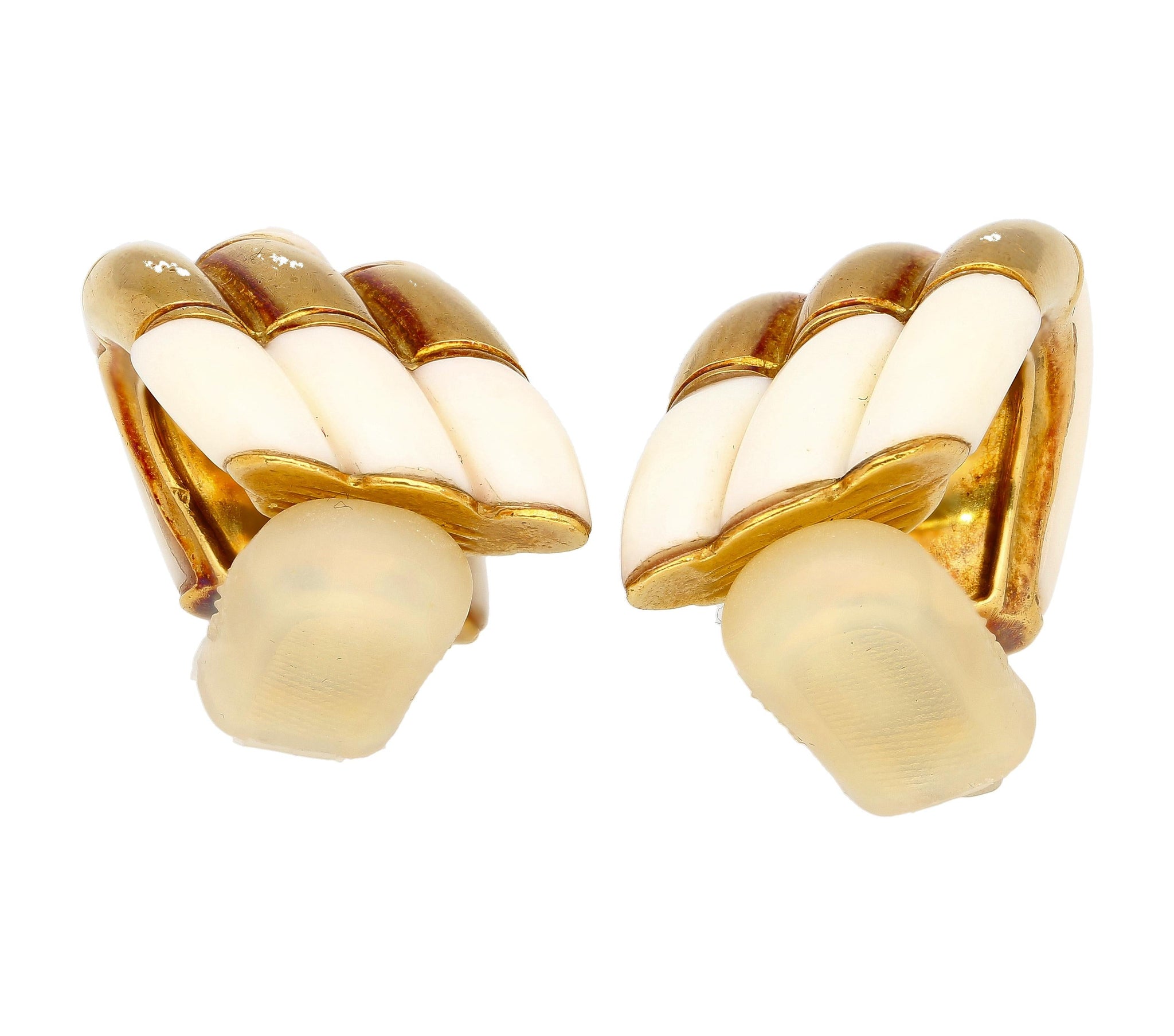 Natural White Agate Clip On Retro Earrings in 18K Yellow Gold