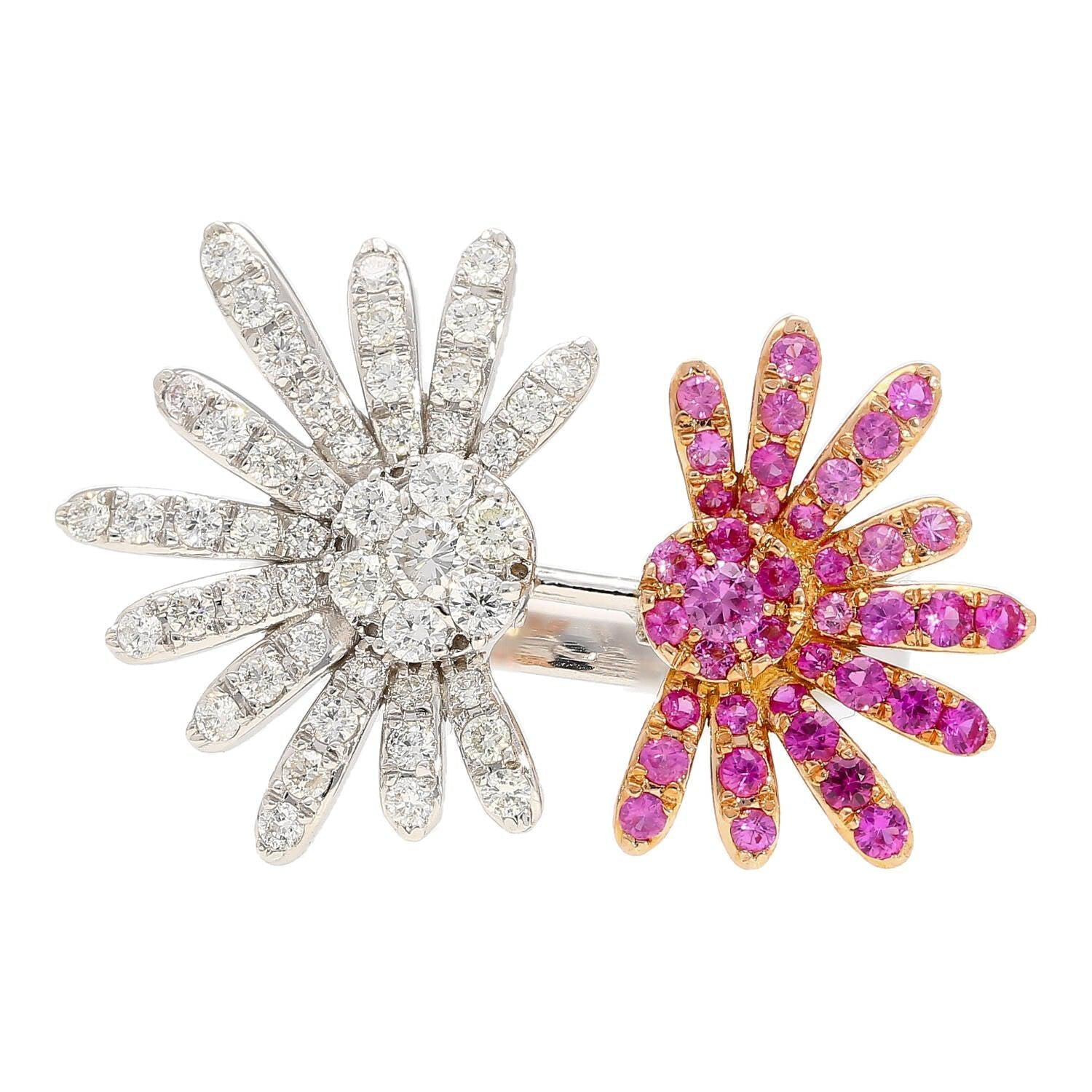 Pink Sapphire and Diamond Flower Motif Open Toi Et Moi Ring in 18K White Gold