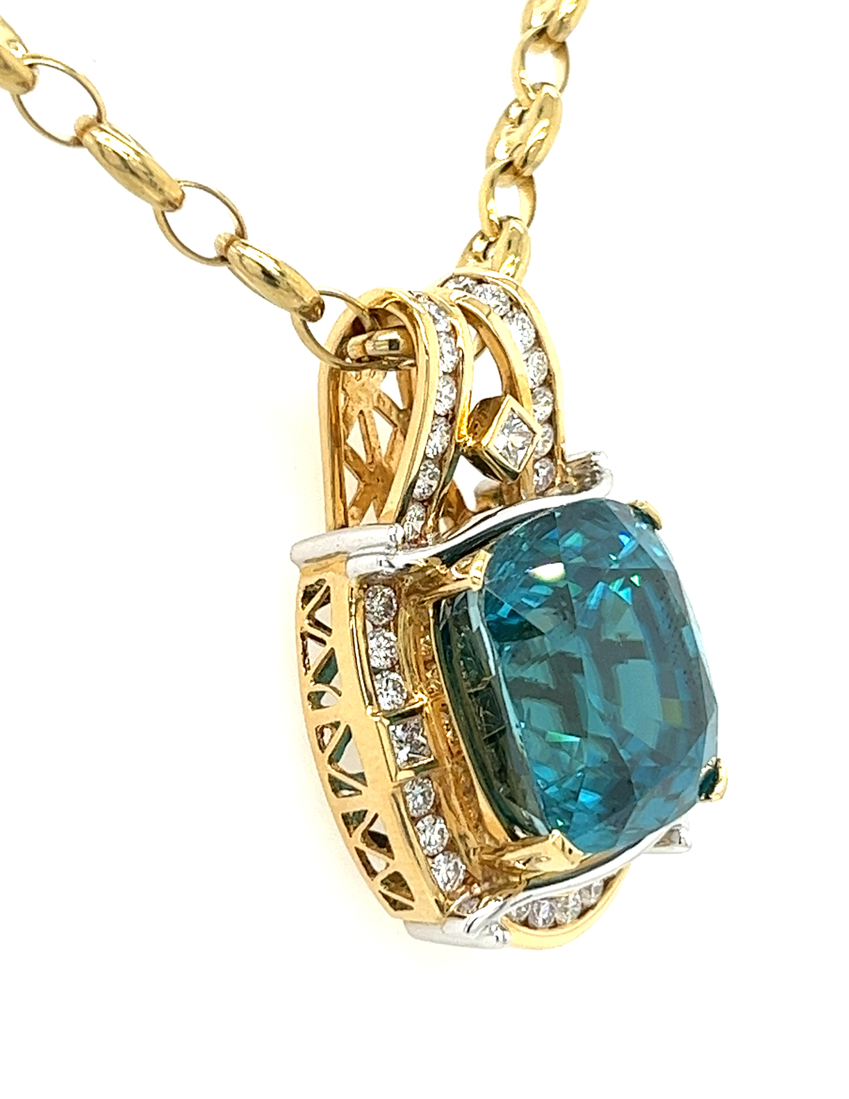 Rare GIA Certified 50 Carat Greenish Blue Zircon Pendant Necklace with Diamonds in Platinum & 18K Yellow Gold