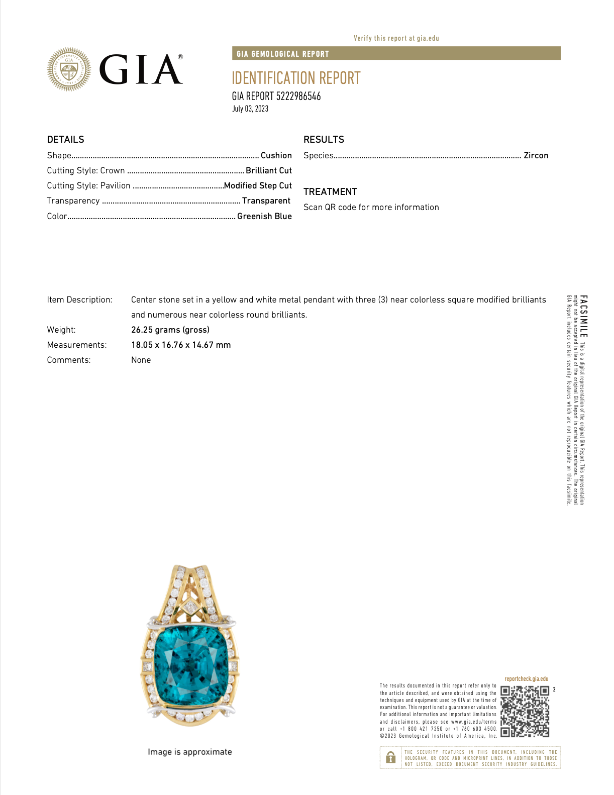 Rare GIA Certified 50 Carat Greenish Blue Zircon Pendant Necklace with Diamonds in Platinum & 18K Yellow Gold