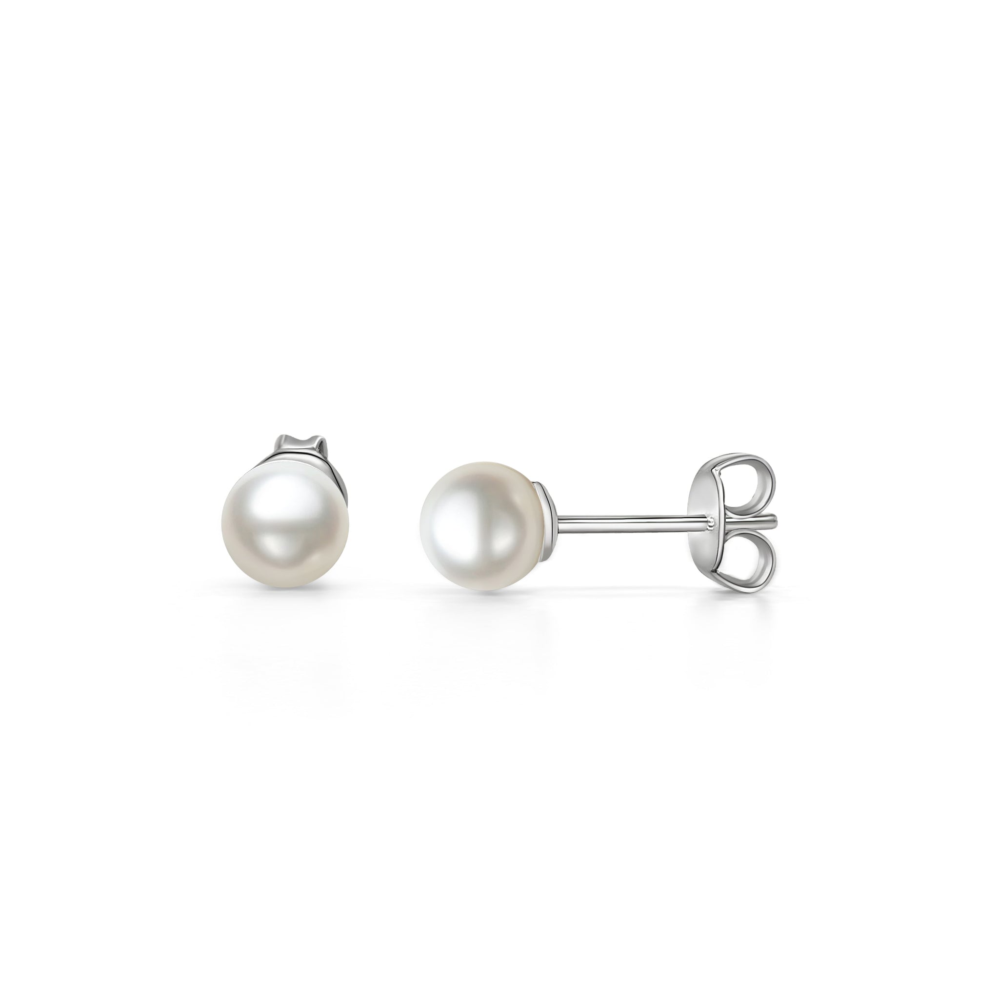 Real 6mm Japanese Cultured White Pearl Stud Earrings in 14k White Gold Plated Silver