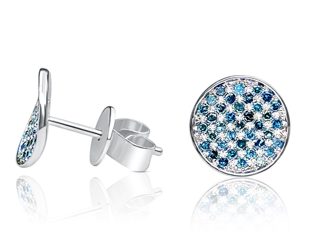 Round Blue Diamond Cluster Disc Stud Earrings in 18k White Gold-Earrings-ASSAY