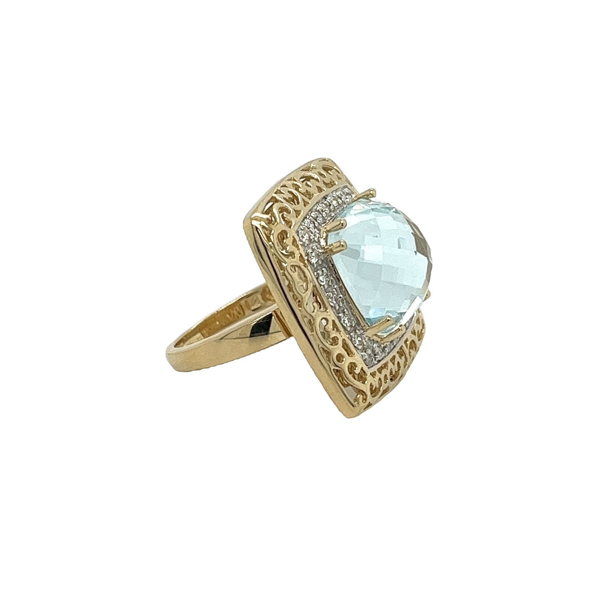 Sky Blue Topaz and Diamond Ring in 14K Gold Curved Filigree Wide Frame-Rings-ASSAY