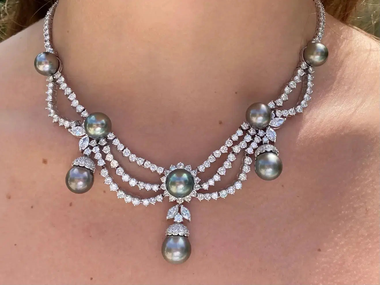South Sea "Akoya" Gray Pearl, White Diamond Platinum Necklace Earrings Set-Jewelry Sets-ASSAY