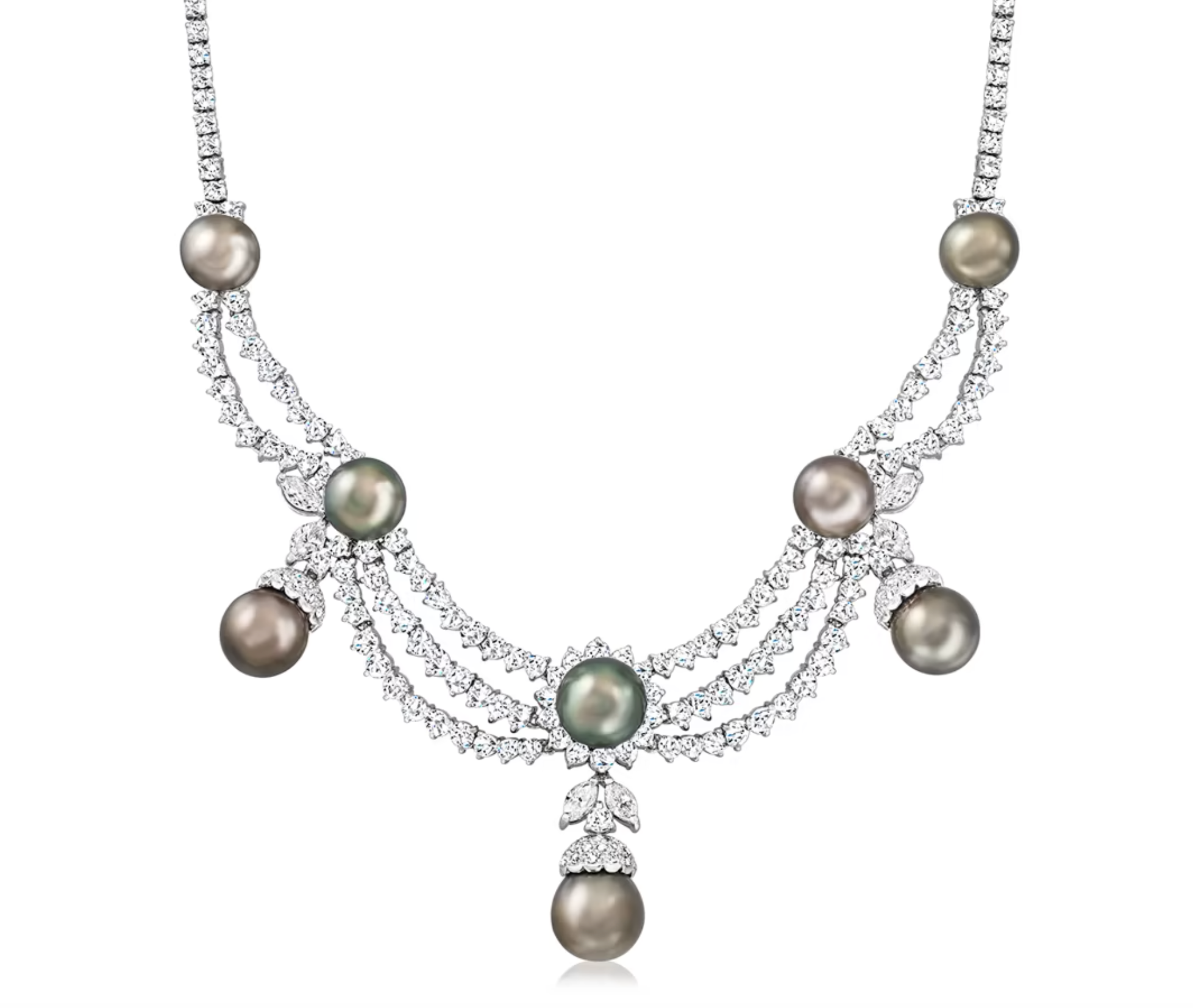 South Sea "Akoya" Gray Pearl, White Diamond Platinum Necklace Earrings Set-Jewelery Sets-ASSAY
