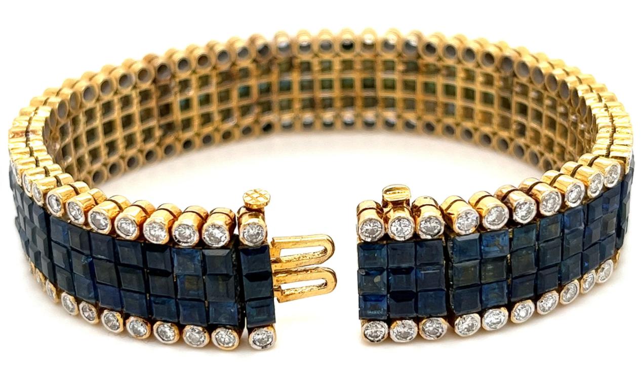 Square Cut Blue Sapphire and Diamond Cluster Tennis Bracelet-Bracelets-ASSAY