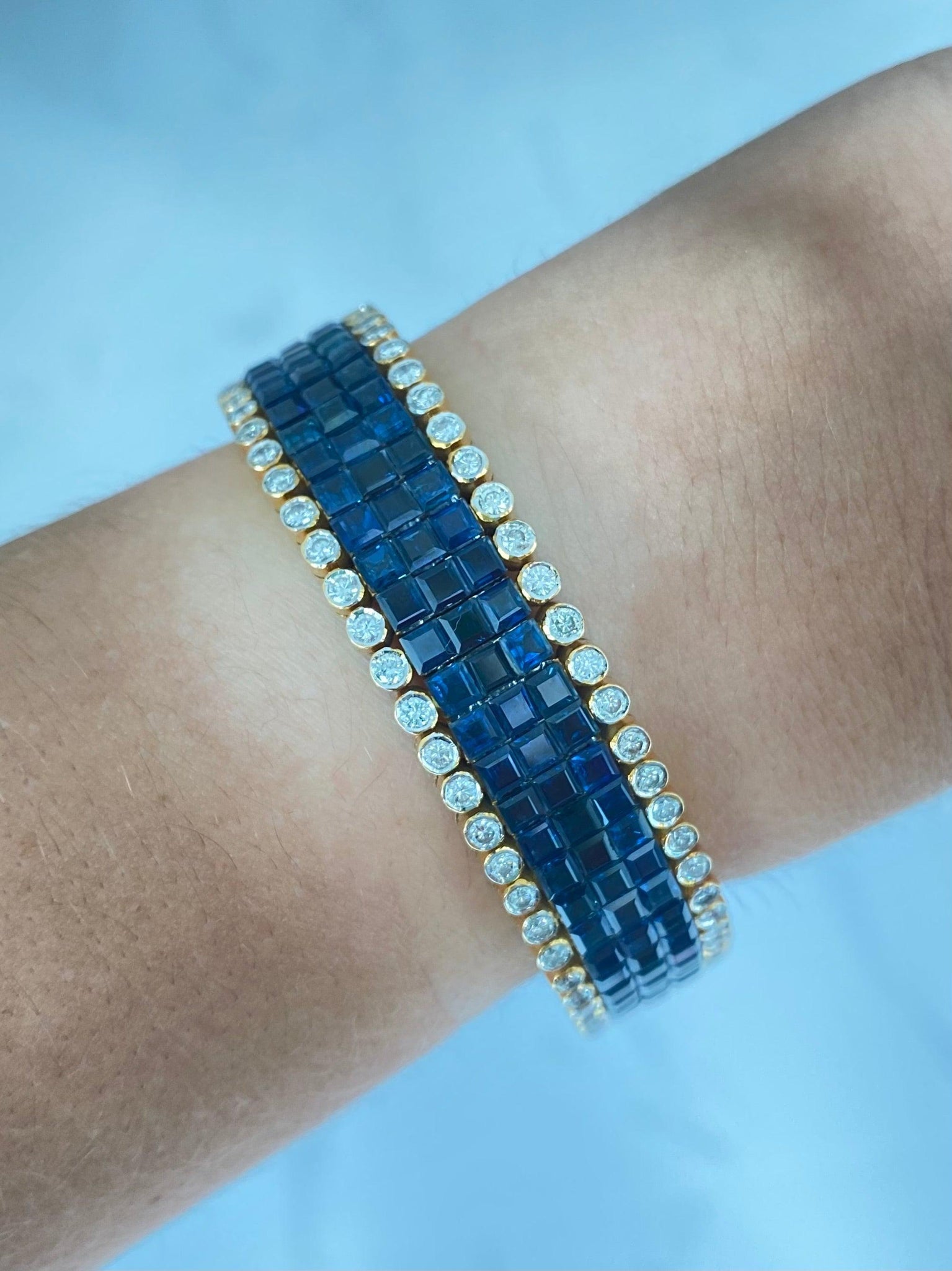 Square Cut Blue Sapphire and Diamond Cluster Tennis Bracelet-Bracelets-ASSAY