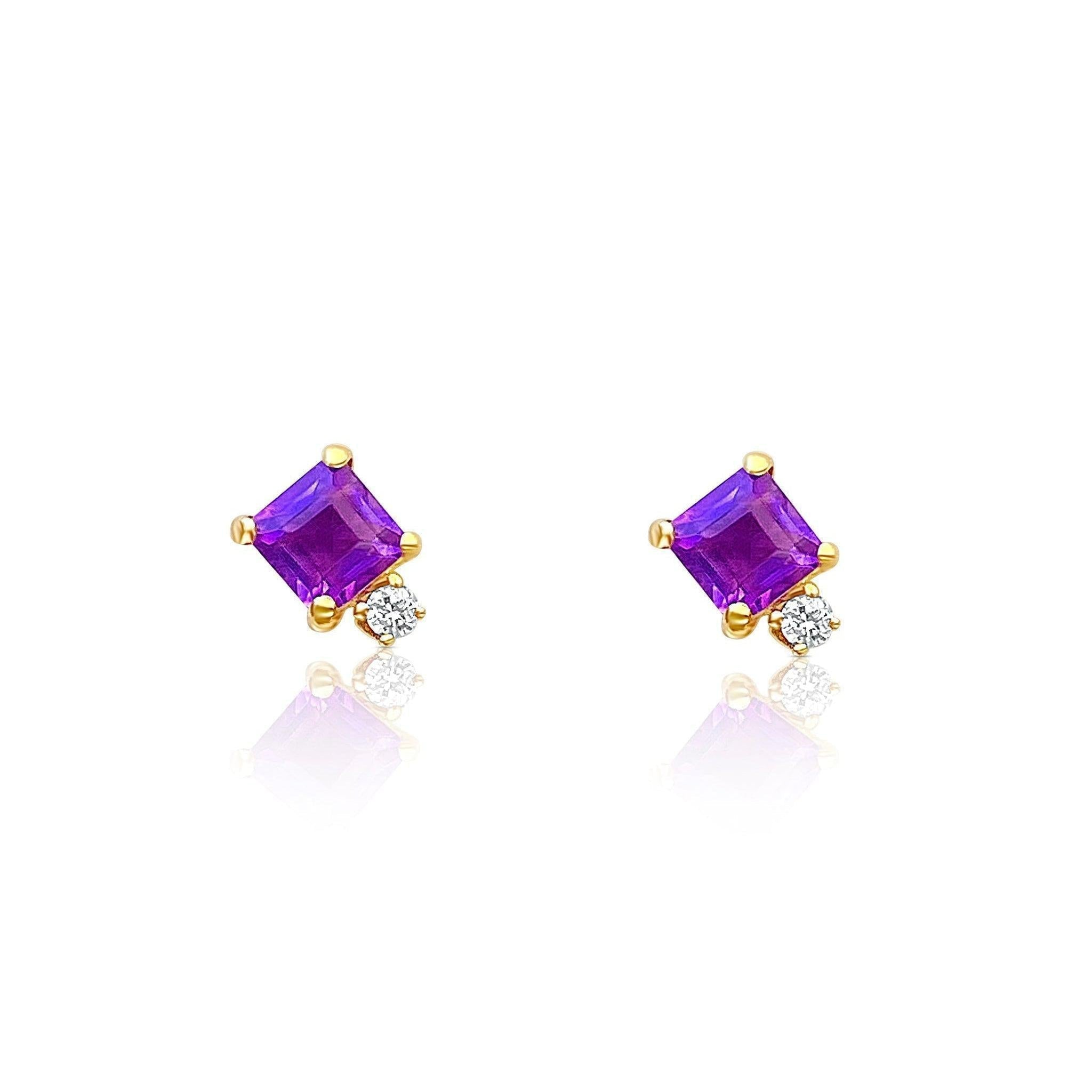 Square Purple Amethyst and Diamond Stud Earrings in 14k gold setting - ASSAY