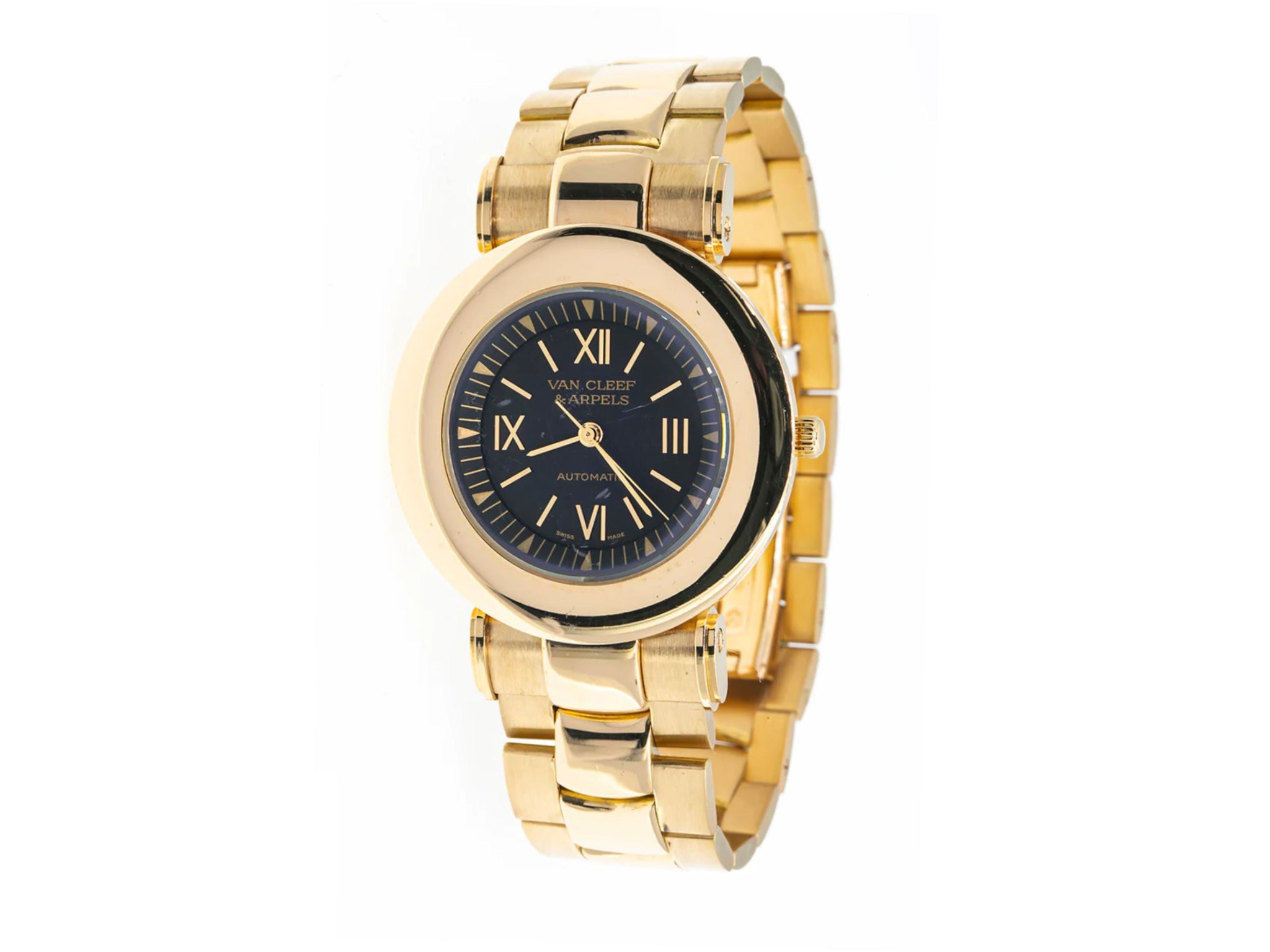 Van Cleef & Arpels 18K Gold 37MM Black Dial Automatic Watch in Gold Bracelet-Watches-ASSAY