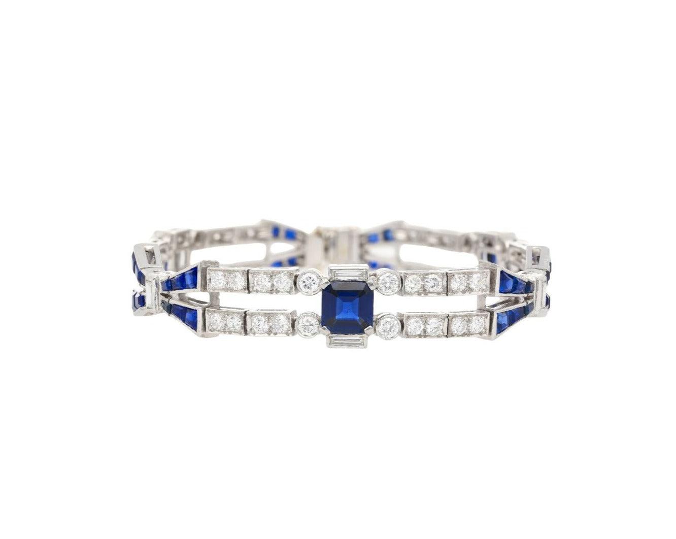 Vintage 12 Carat Blue Sapphire and Diamond Art Deco Open Bracelet in Platinum-Bracelet-ASSAY
