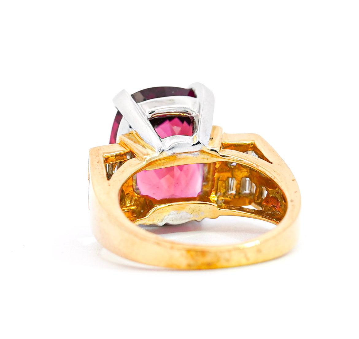 Vintage 13.50 Carat GIA Certified Purplish-Pink Tourmaline and Diamond 18K and Platinum Ring
