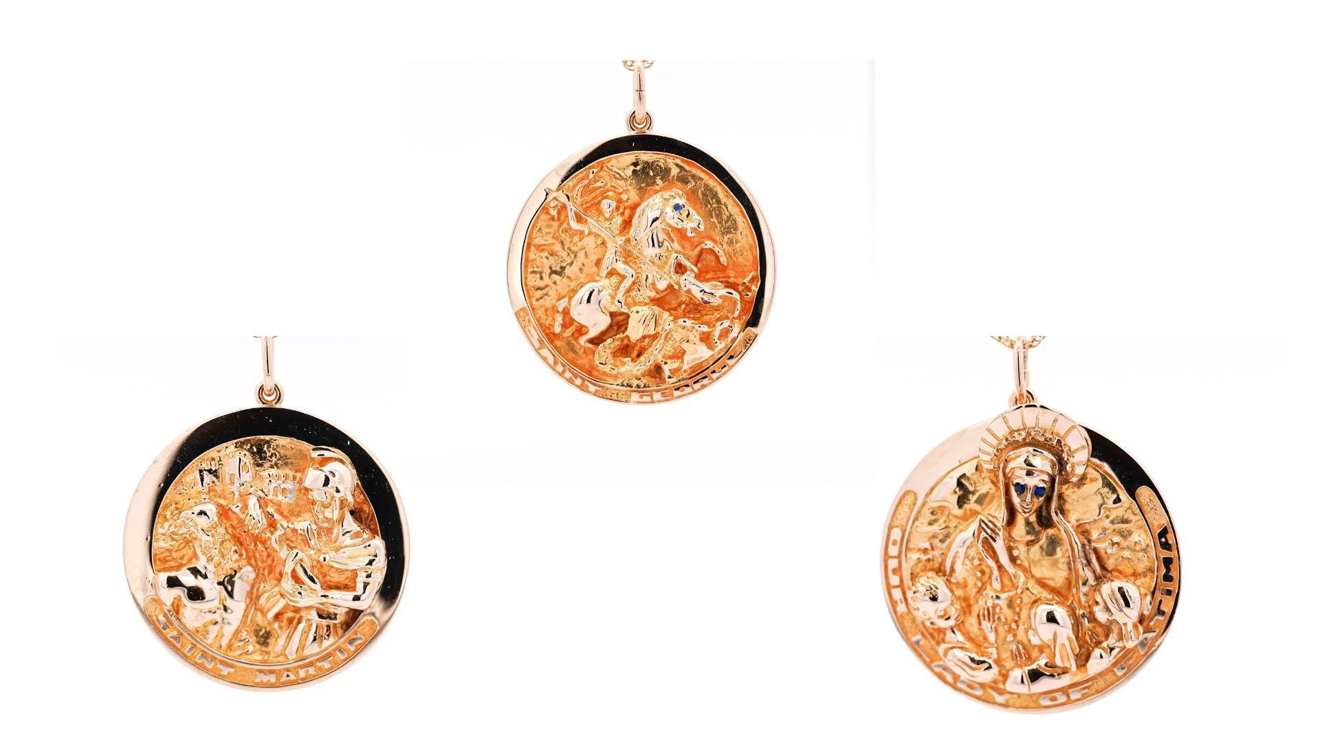 Vintage 14k Solid Gold Carved Medallion Pendant (Set of 3) by William Ruser - Our Lady of Fatima, Saint Martin, Saint George
