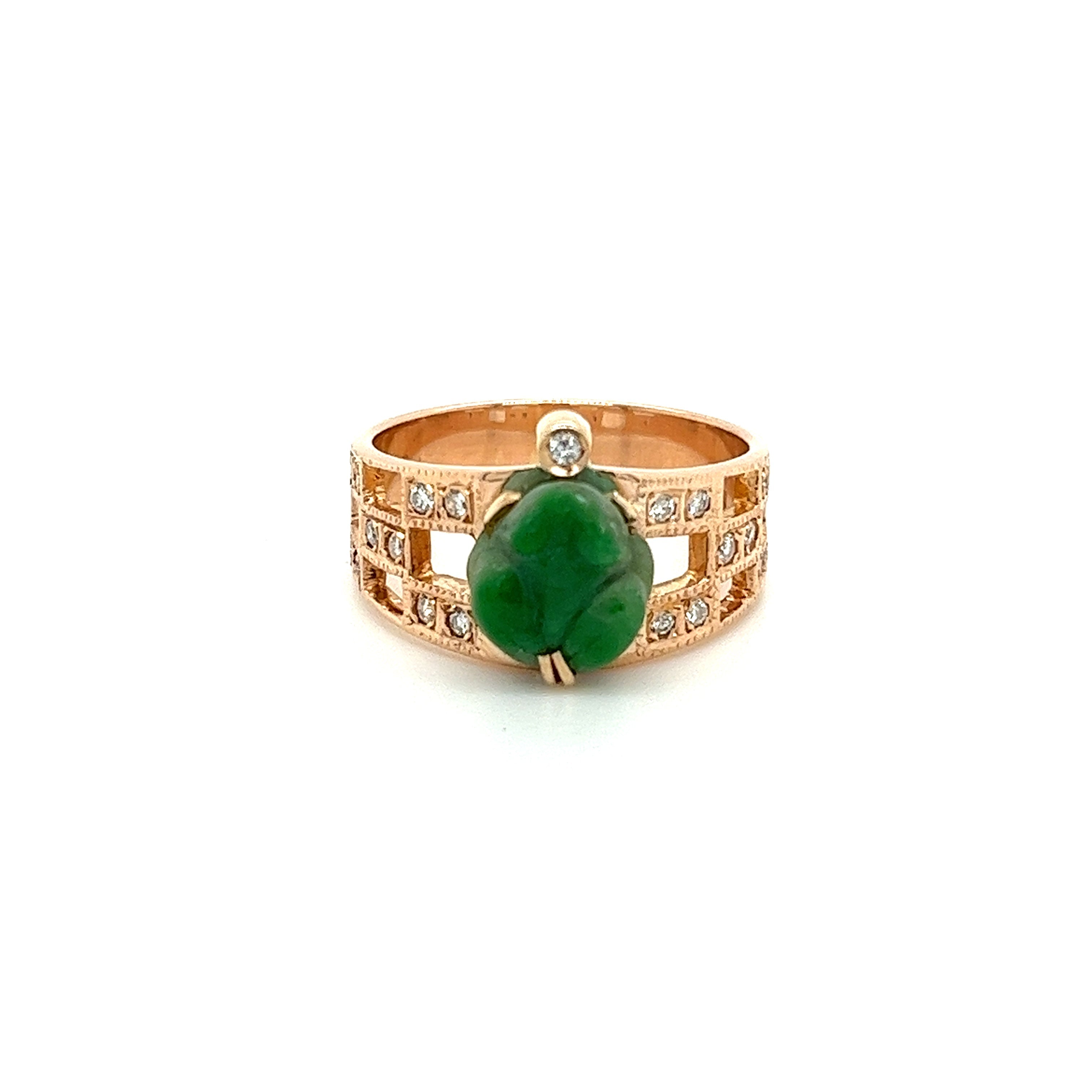 Vintage 18K Rose Gold Jadeite Jade Carved Frog Open Shank Ring with Diamond Side Stones-Jade-ASSAY