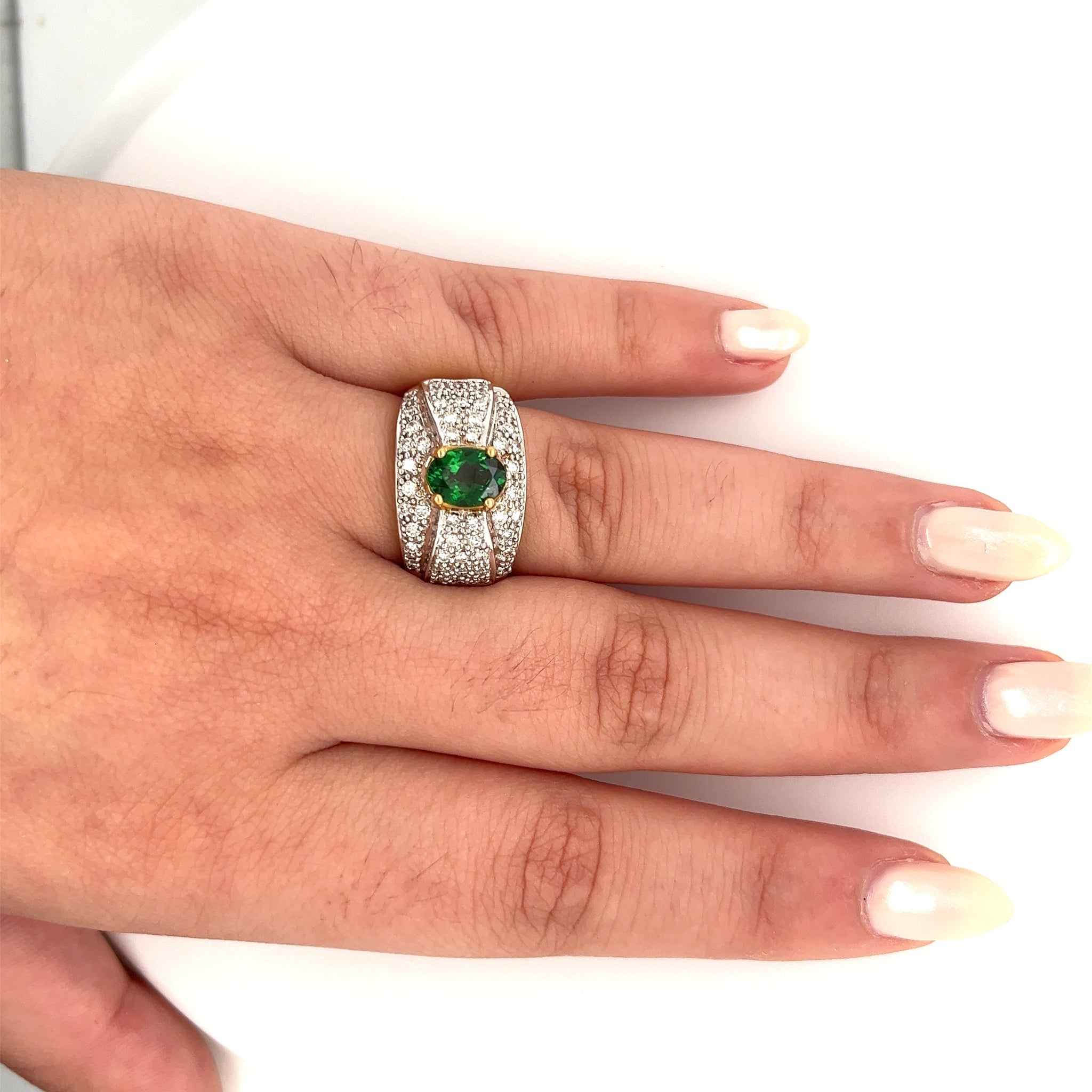 Vintage 1.50 Carat Oval Cut Green Tsavorite and Diamond Cluster Ring-Semi Precious Jewelry-ASSAY