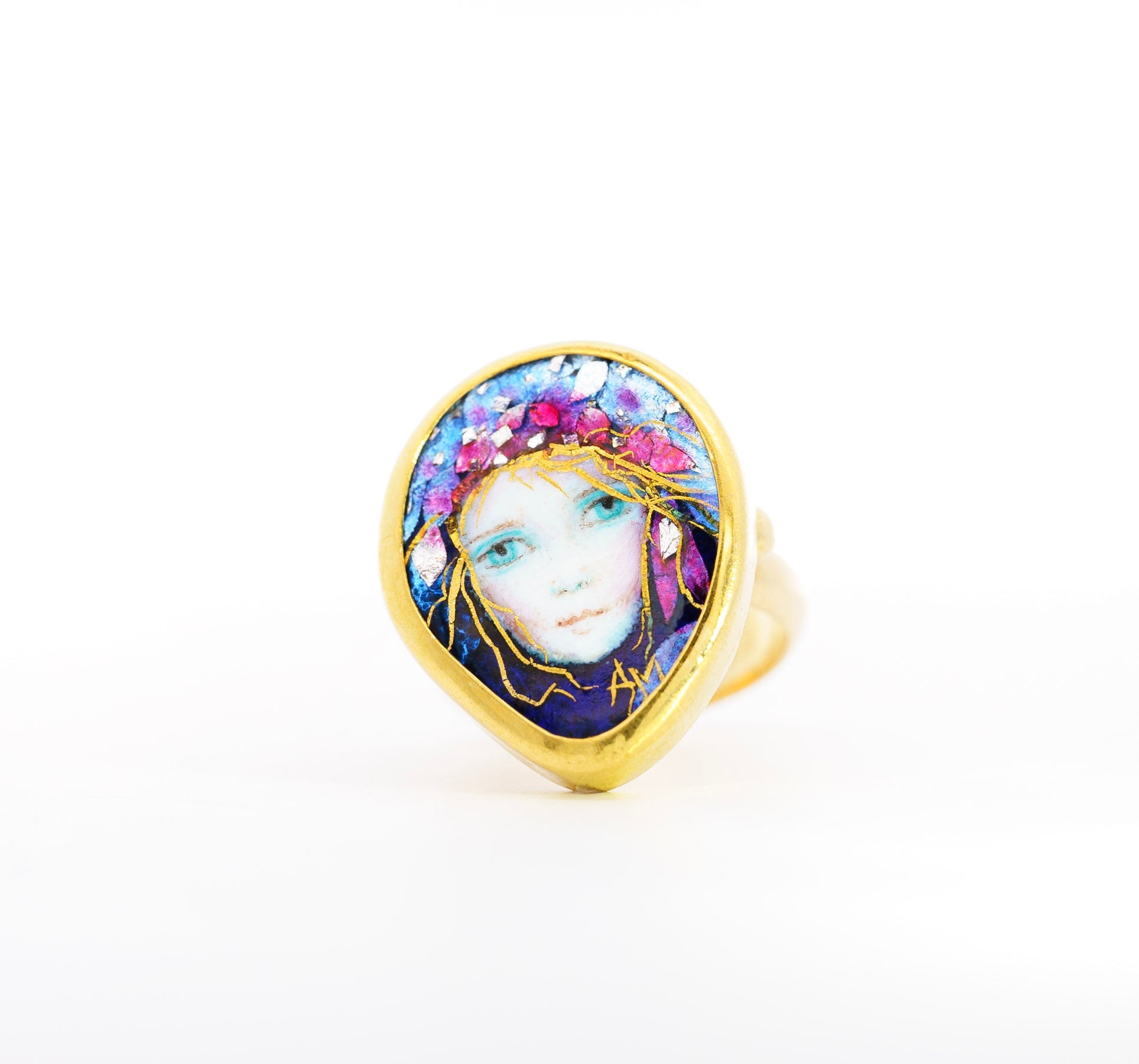 Vintage 22K Enamel and Gold "Auspice Maria" Saint Mary motif Christian Ring