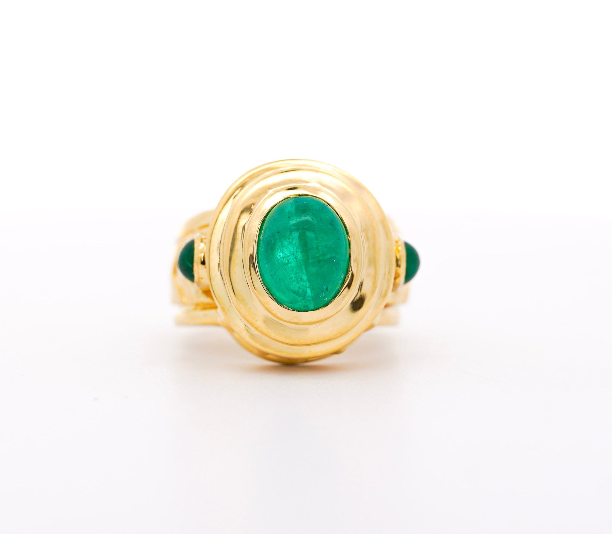Vintage 3 Carat Cabochon Cut Colombian Emerald Bezel in 20K Yellow Gold Ring