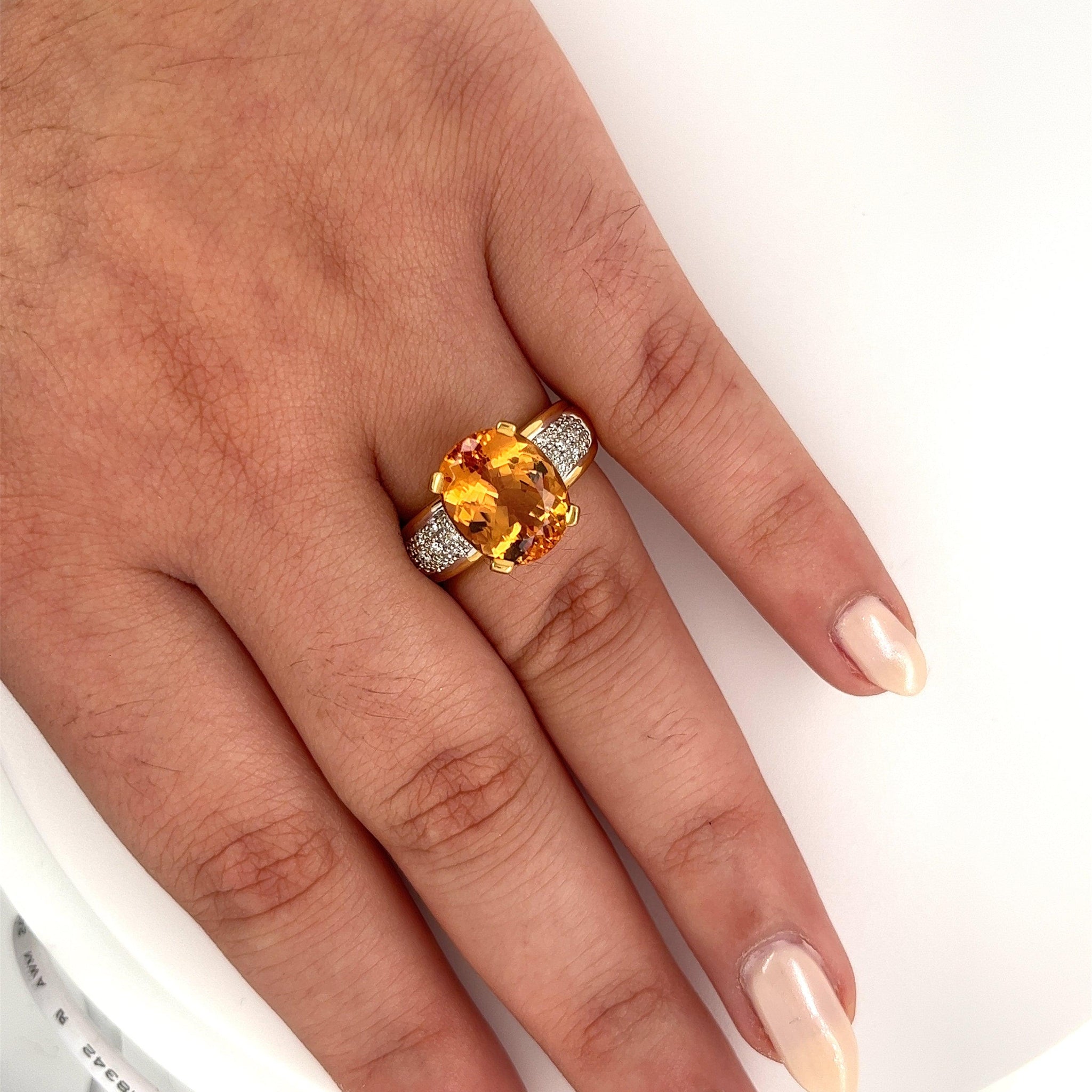 Vintage 6 Carat Oval Cut Orange Topaz and Round Cut Diamond Ring in 18K Solid Gold-Semi Precious Jewelry-ASSAY