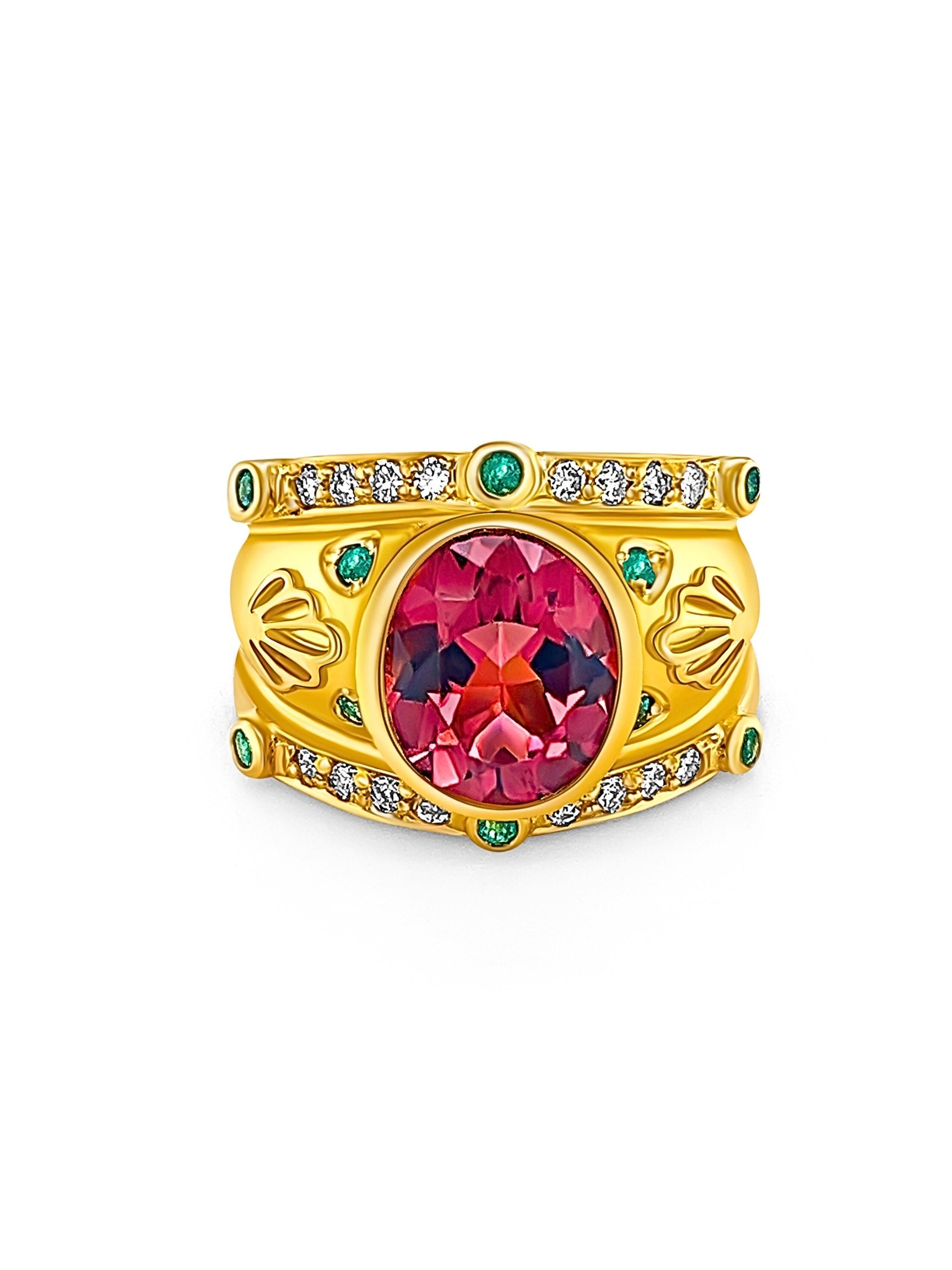 Vintage 6 Carat TW Oval Cut Pinkish-Red Tourmaline with Neon Paraiba Tourmaline and Diamond Ring in 18K Gold-Semi Precious Jewelry-ASSAY