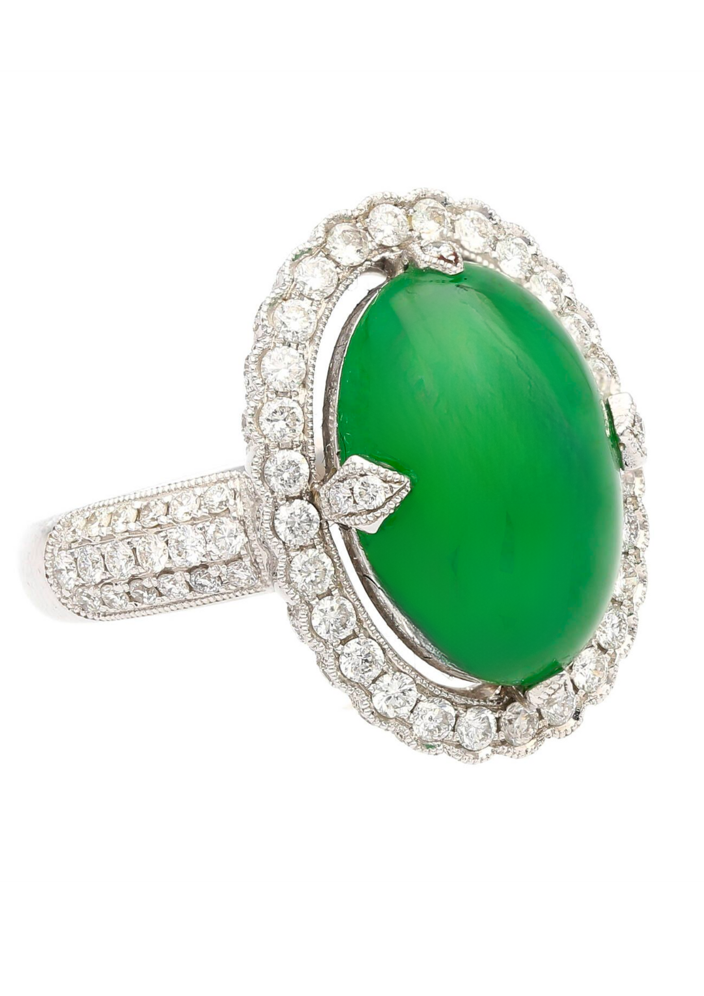Vintage 7.29 Carat Jadeite Jade "A" Ring with Round Cut Diamond Halo & 18K Milgrain Finish