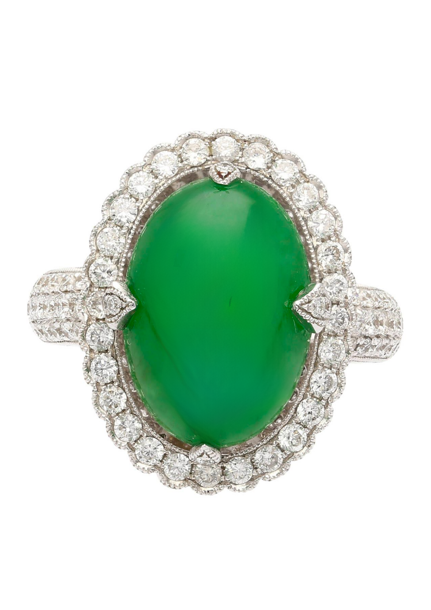Vintage 7.29 Carat Jadeite Jade "A" Ring with Round Cut Diamond Halo & 18K Milgrain Finish