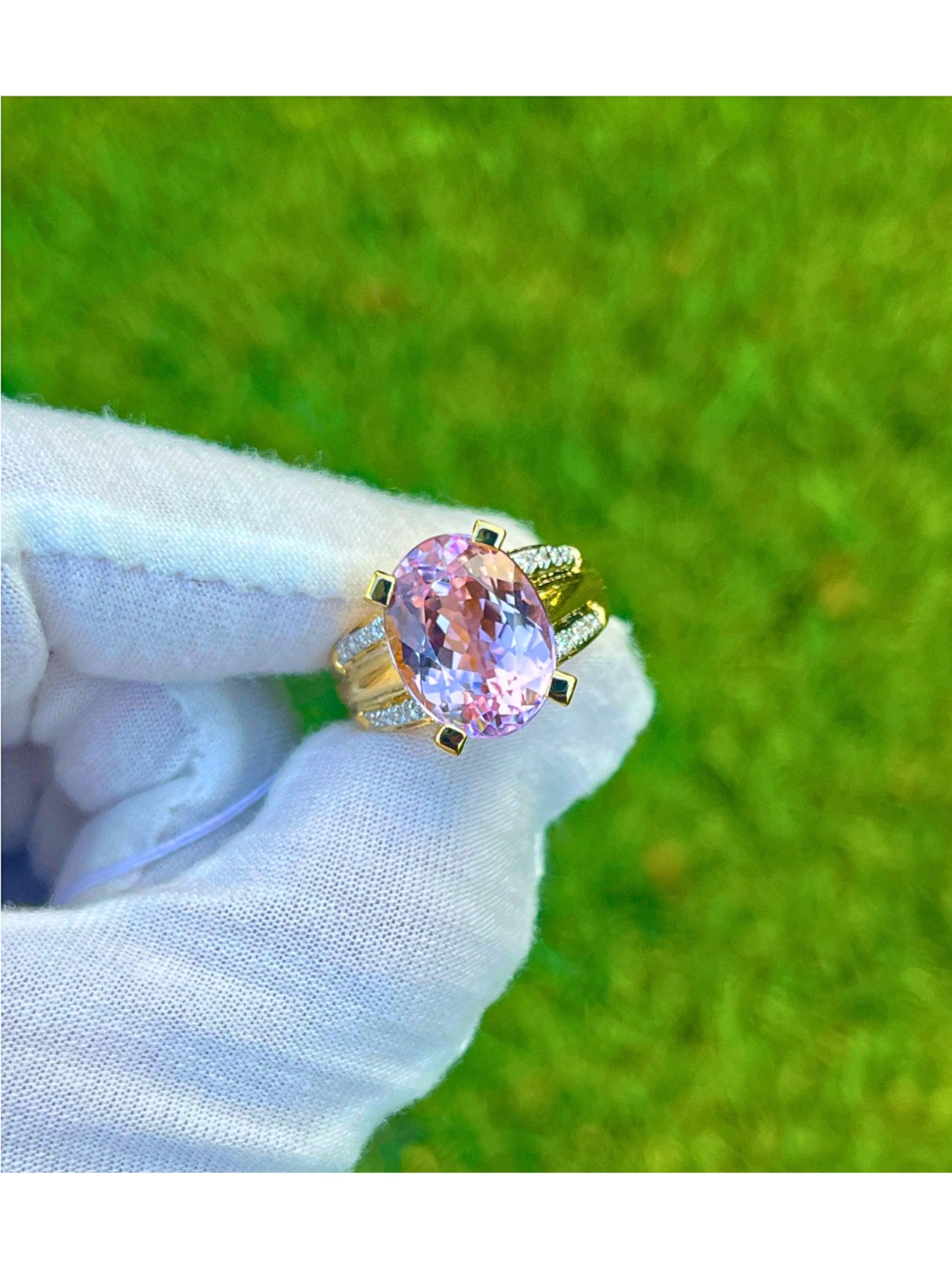 Vintage 9.50 Carat Oval Cut Pink Kunzite with Diamond Side Stone Cocktail Ring in 18K Yellow Gold-Semi Precious Jewelry-ASSAY