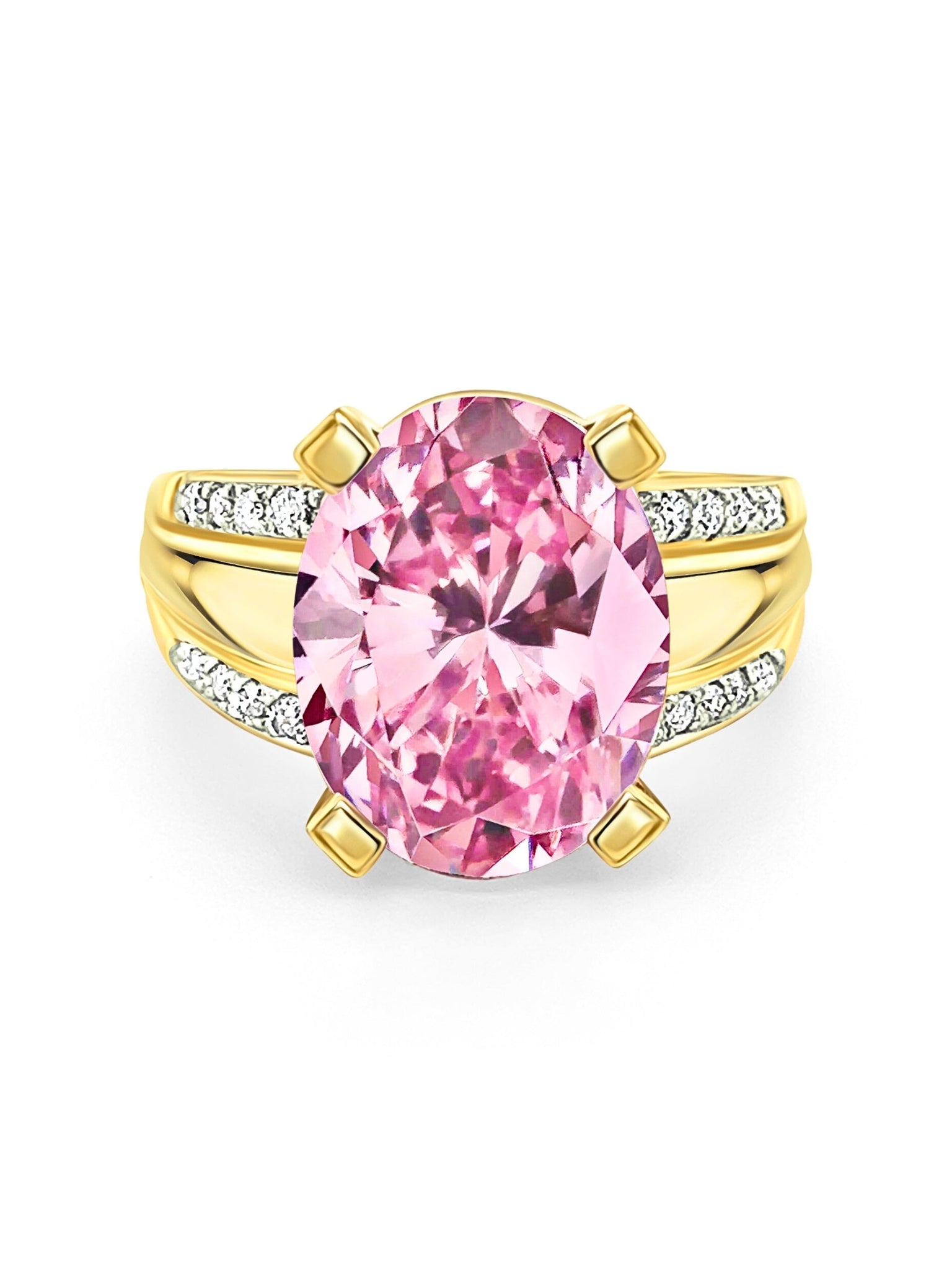 Vintage 9.50 Carat Oval Cut Pink Kunzite with Diamond Side Stone Cocktail Ring in 18K Yellow Gold