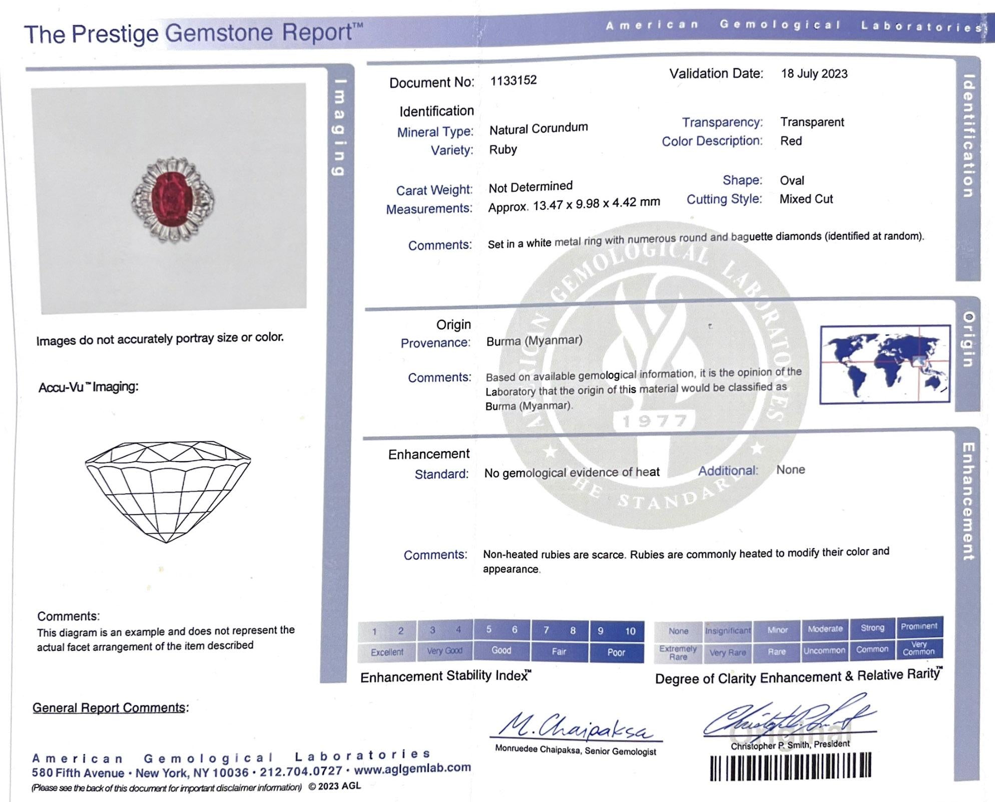 Vintage AGL Certified 6.95 Carat No Heat Burma Ruby & Diamond Cocktail Ring