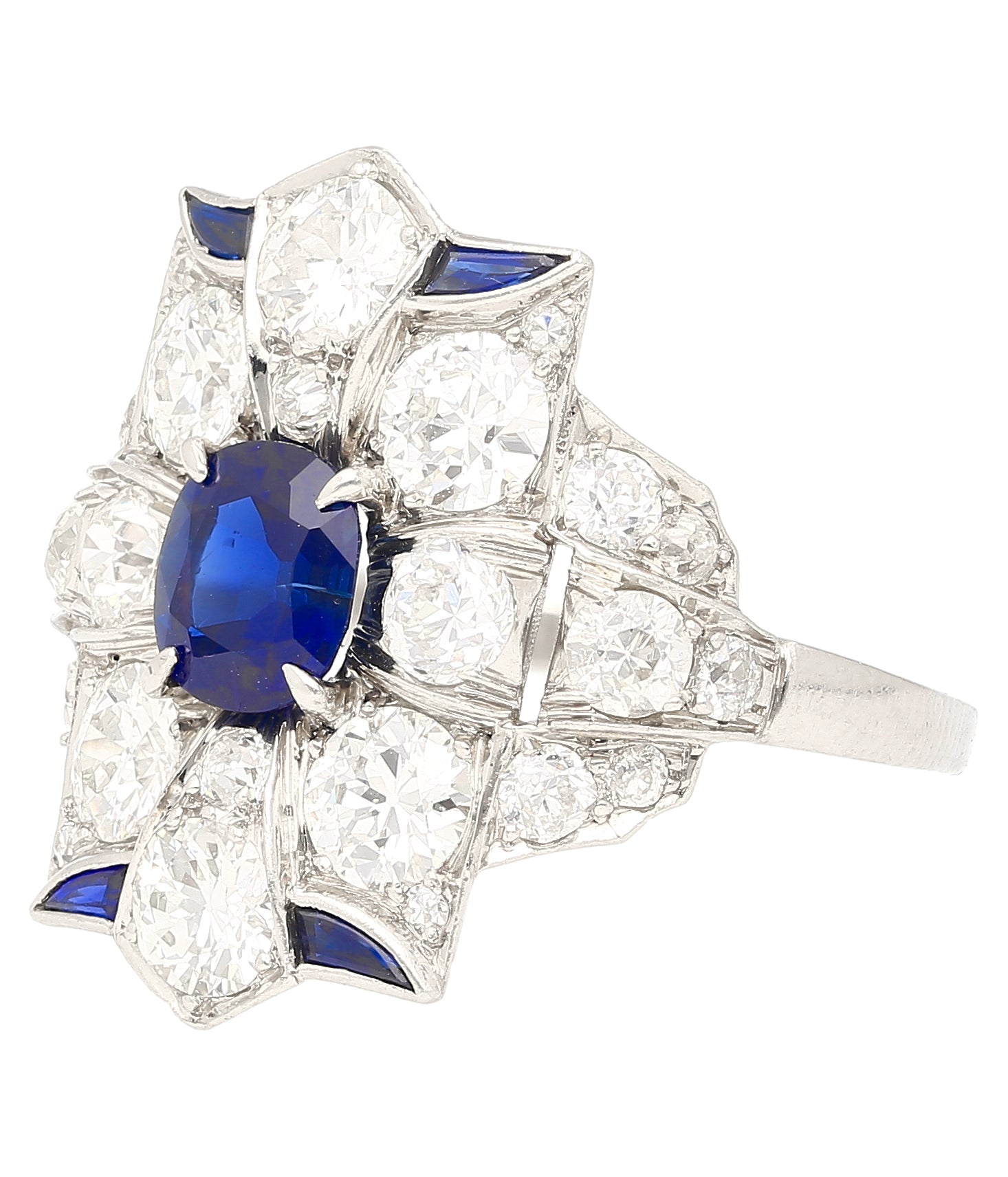 Vintage AGL Certified No Heat Blue Sapphire and Old Euro Cut Diamond Ring in Platinum