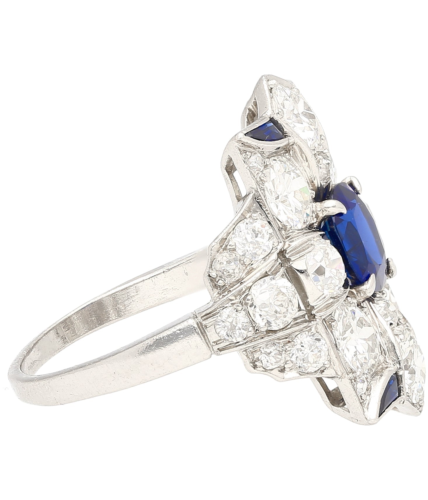 Vintage AGL Certified No Heat Blue Sapphire and Old Euro Cut Diamond Ring in Platinum-Rings-ASSAY