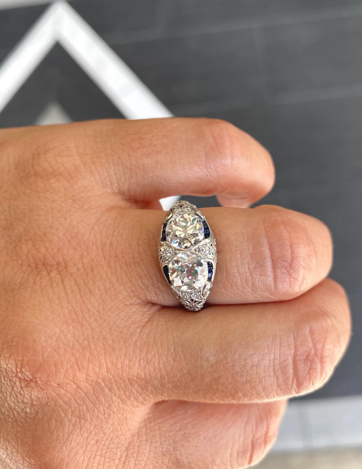 1930's Art Deco vintage 1.50 carat Old Mine Cut Double Diamond and Platinum Ring-Assay Jewelers-ASSAY