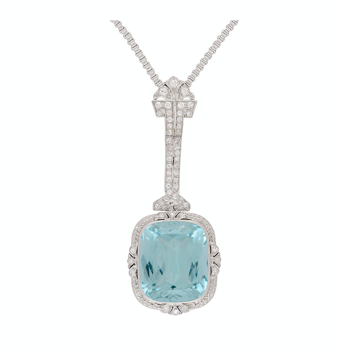 Vintage Art Deco Era GIA Certified Aquamarine and Old Euro Cut Diamond Necklace-Semi Precious Jewelry-ASSAY