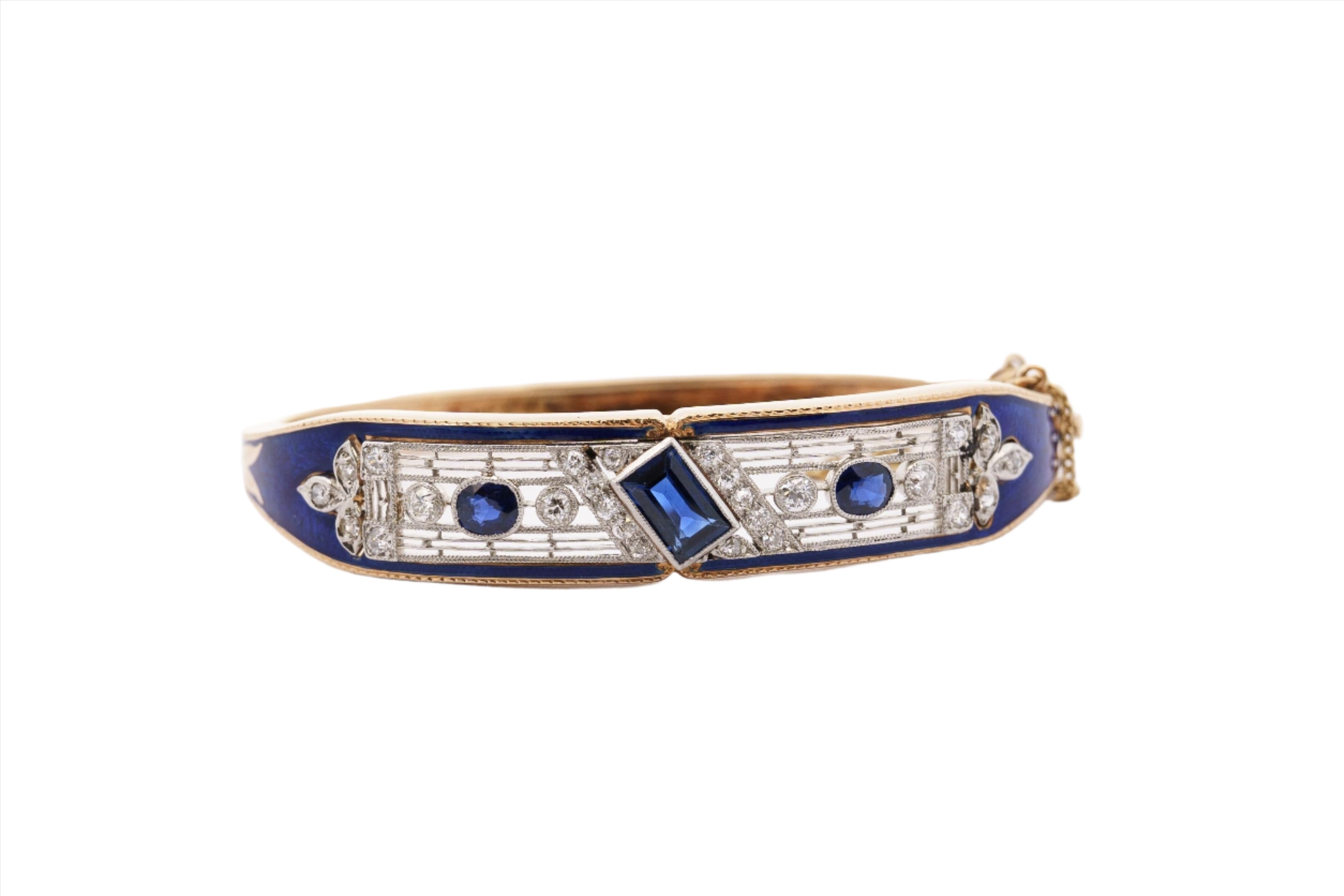 Vintage Art Deco Estate Blue Sapphire, Diamond & Enamel Bangle Bracelet