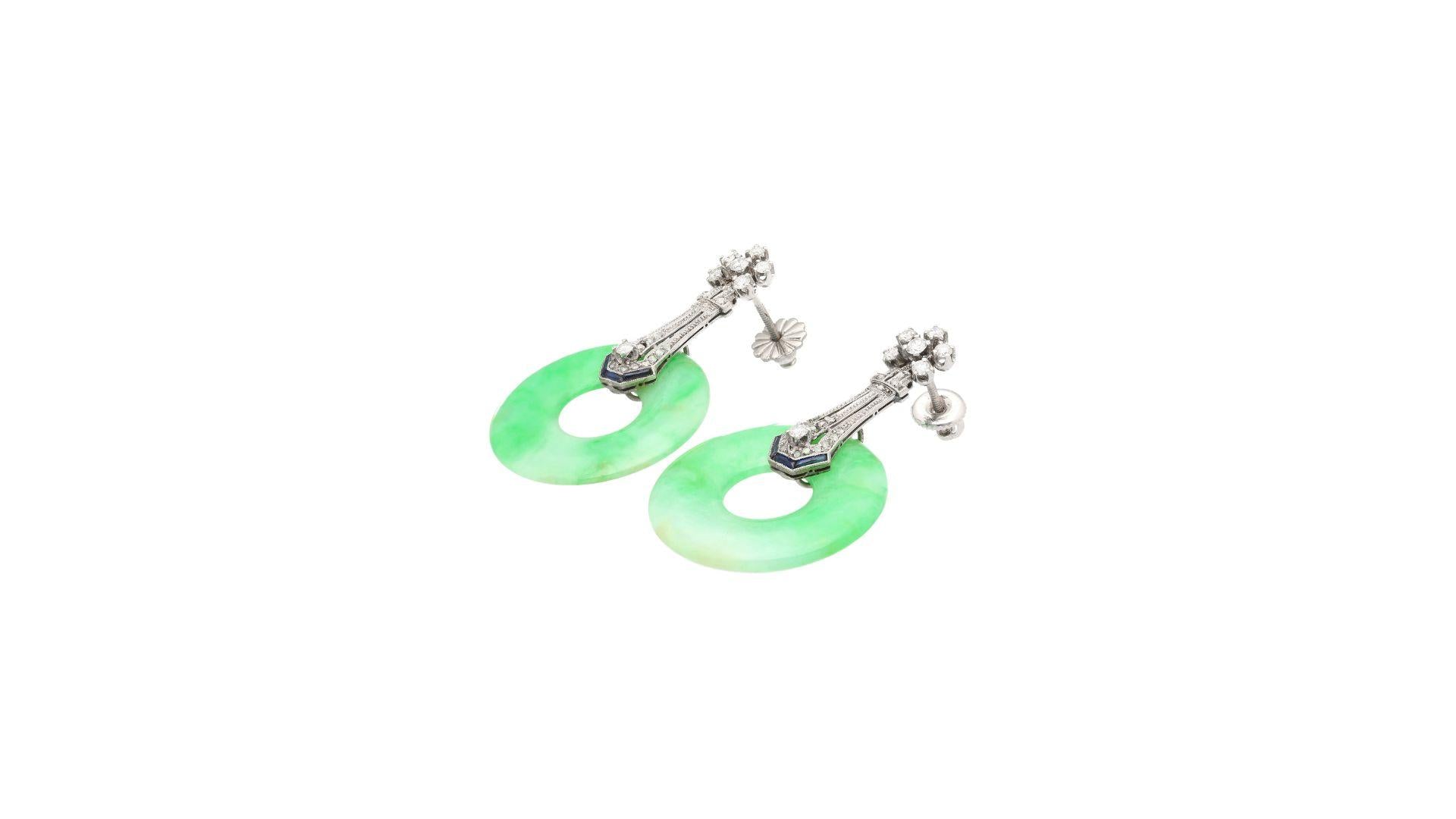 Vintage Art Deco Jadeite Jade, Diamond & Sapphire Drop Earrings in 14K