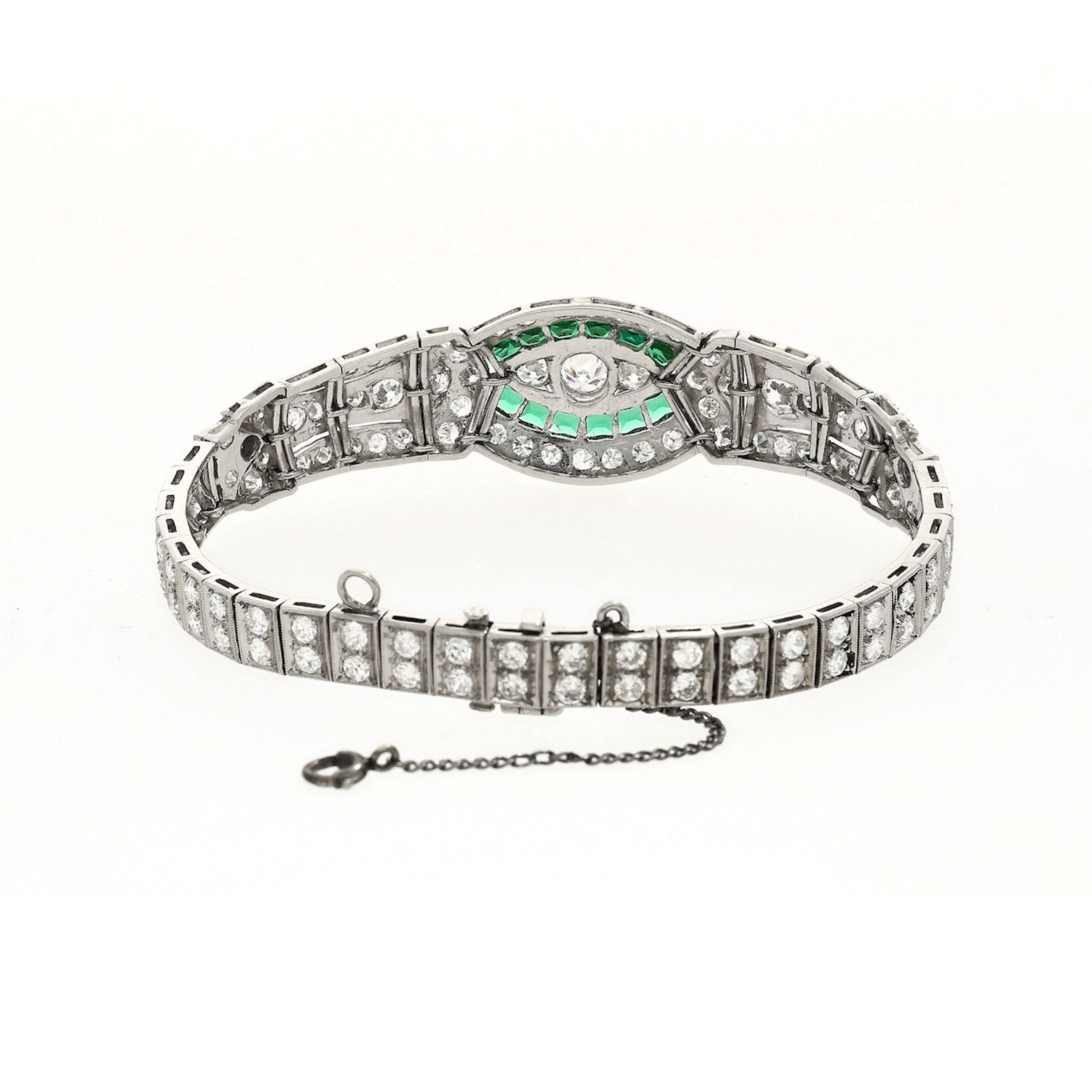 Vintage Art Deco Old Euro Cut Diamond and Emerald Bracelet in Platinum-Bracelet-ASSAY