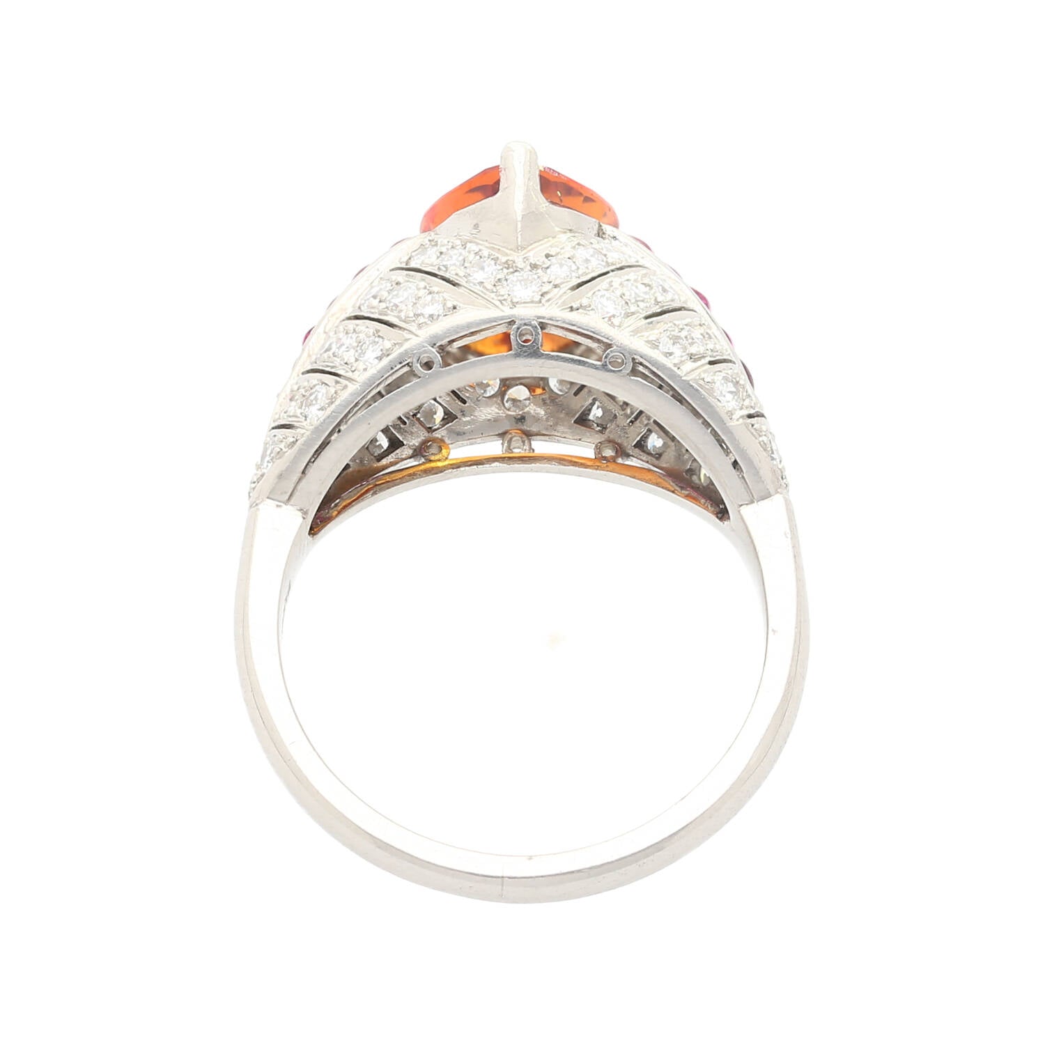 Vintage Art Deco Platinum Ring Setting With 2.87 Carat Orange Sapphire, Ruby and Diamond