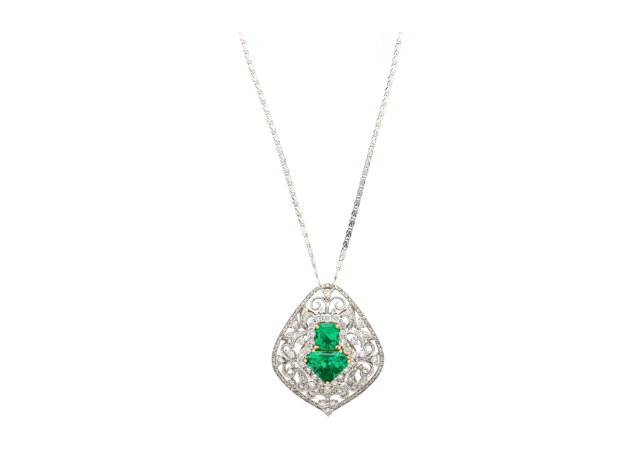 Vintage Art Nouveau Style Carved 18K White Gold Pendant Necklace With Shield Cut Emerald and Diamond Side Stones-Necklace-ASSAY